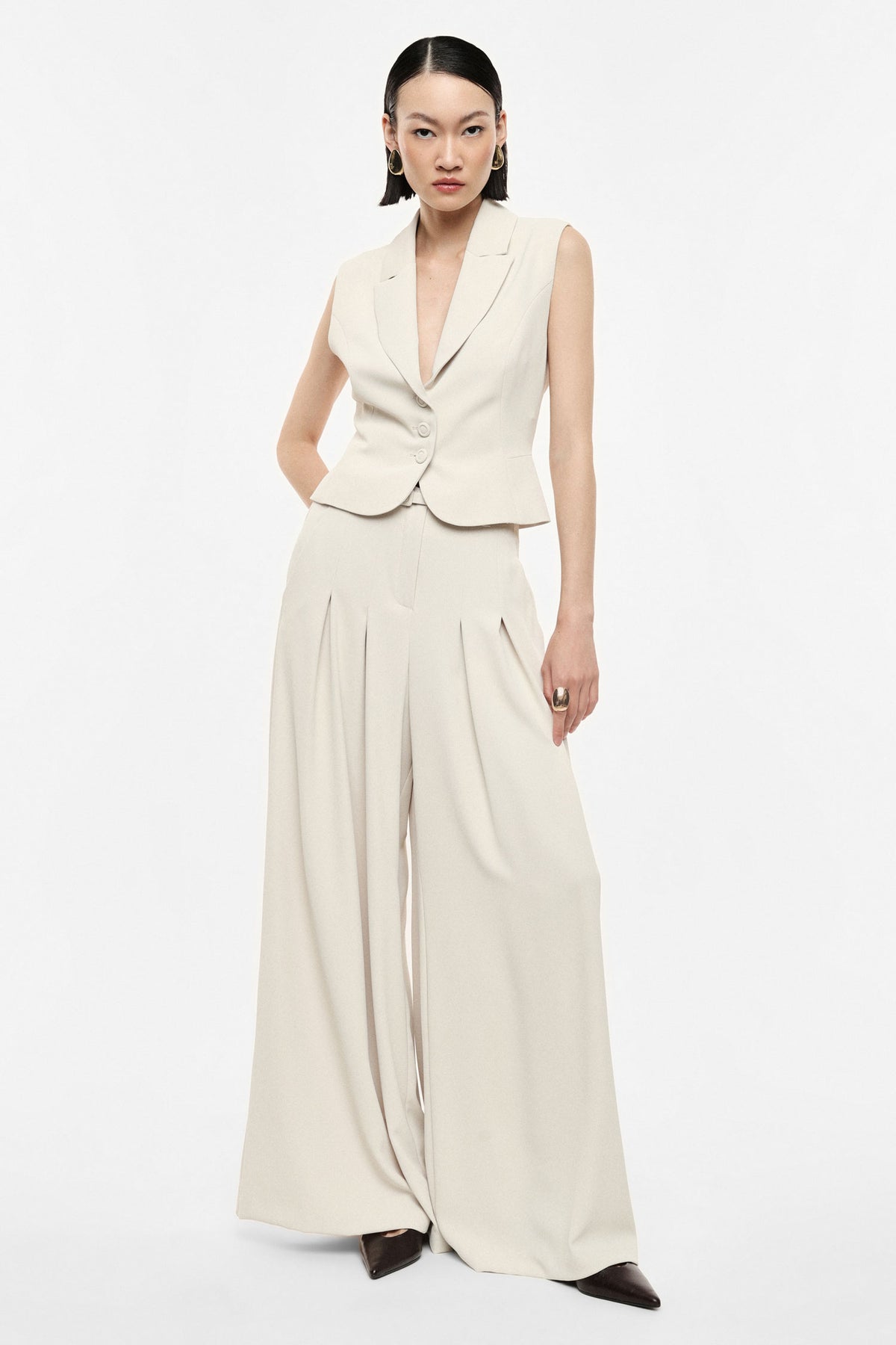 Pantalon palazzo taille haute ceinturé écru – Femme