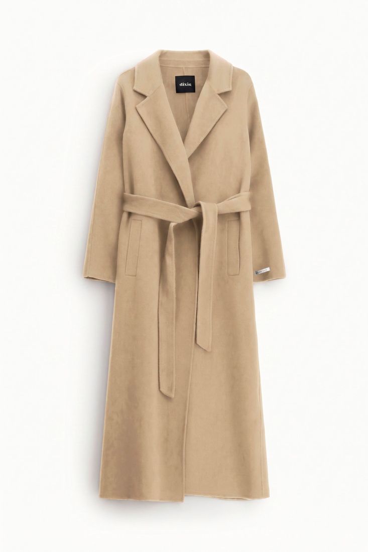 Manteau long ceinture a revers camel clair Dixie Femme vue de face