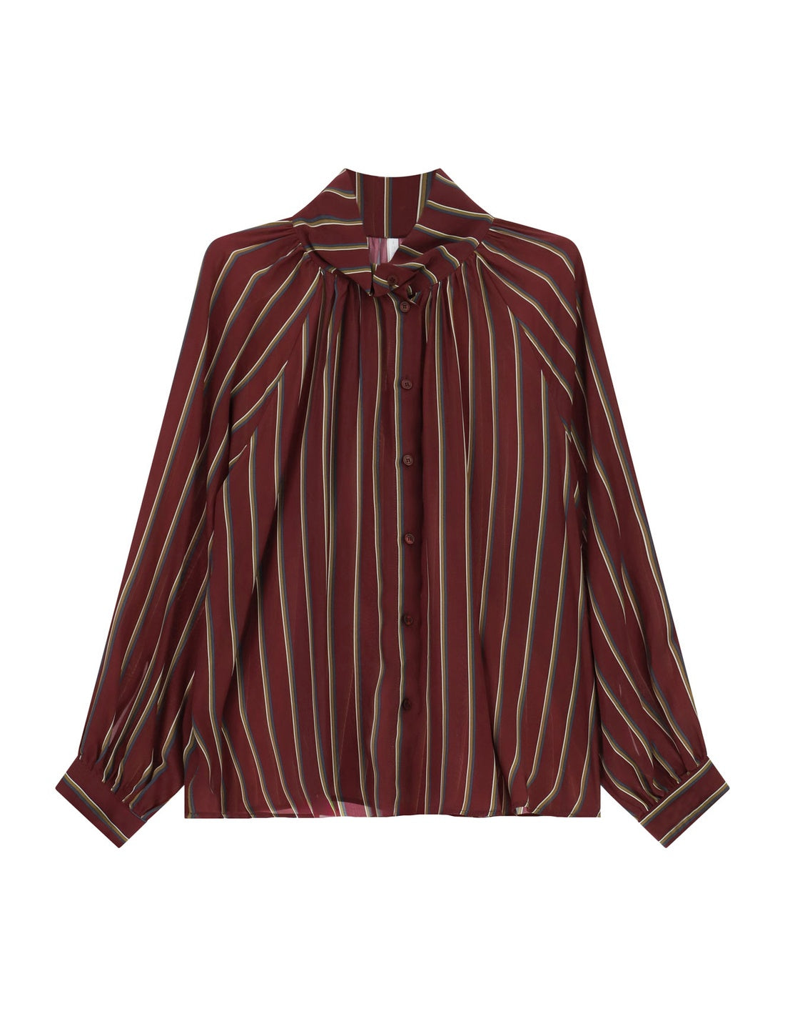 Chemise rayée col montant froncé bordeaux à plat – Imperial