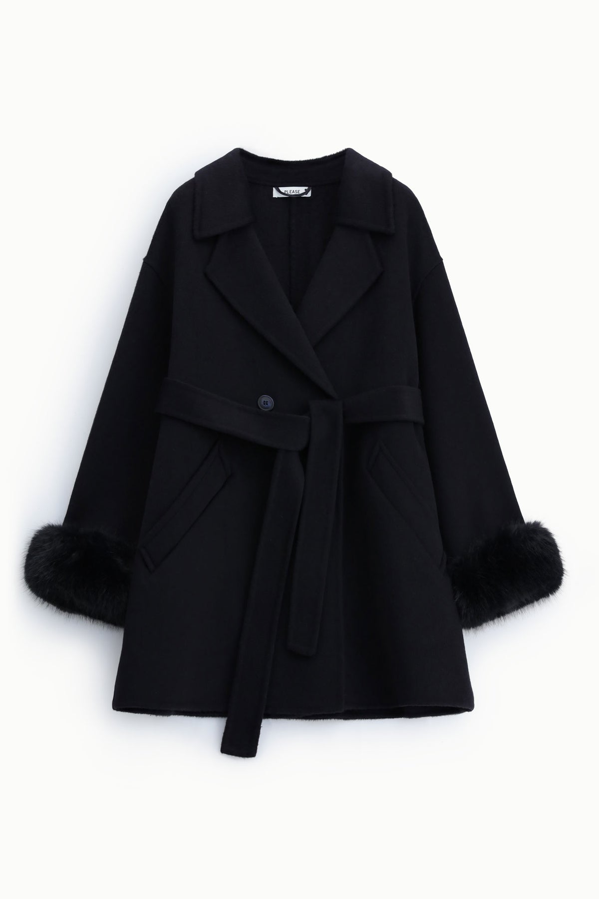 Manteau croisé poignets fausse fourrure bleu marine – Please