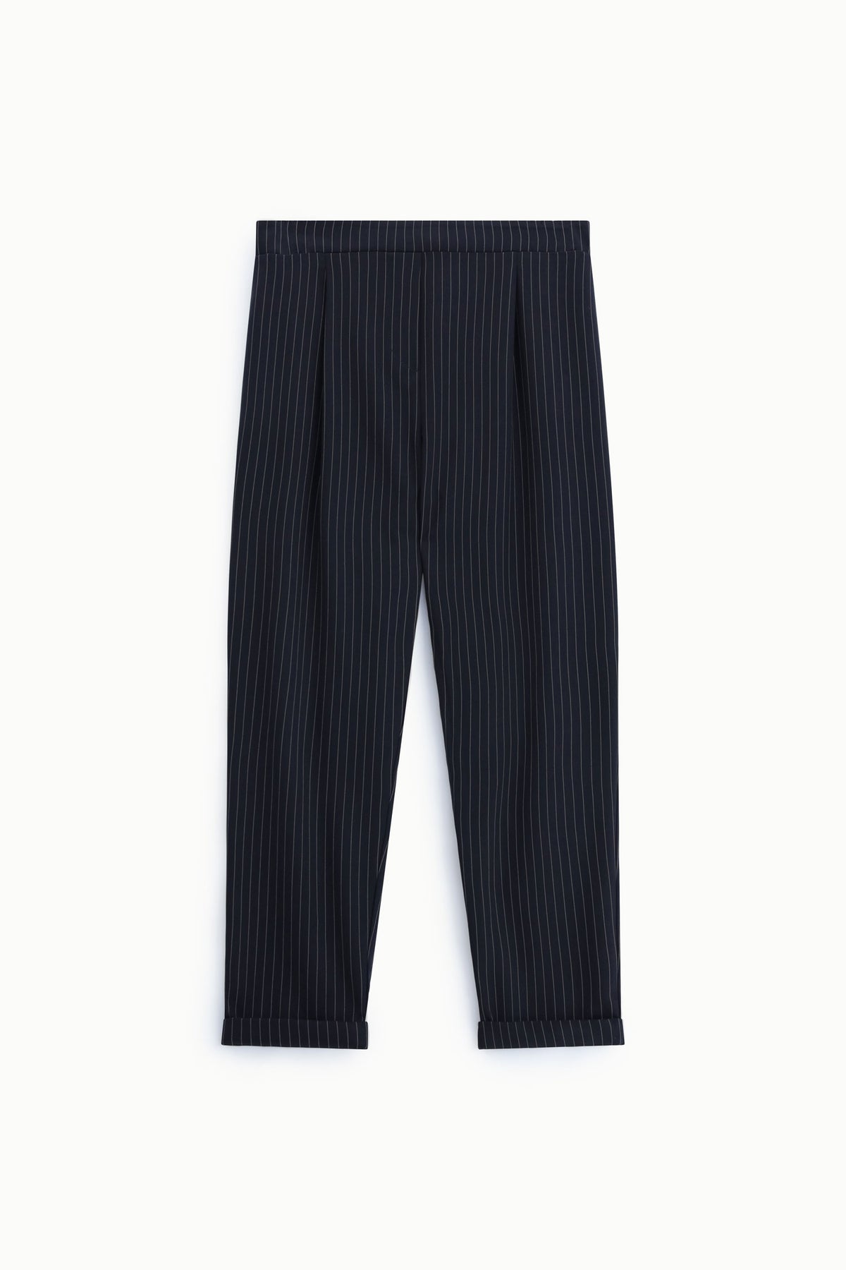 Pantalon carotte à fines rayures bleu marine – Please