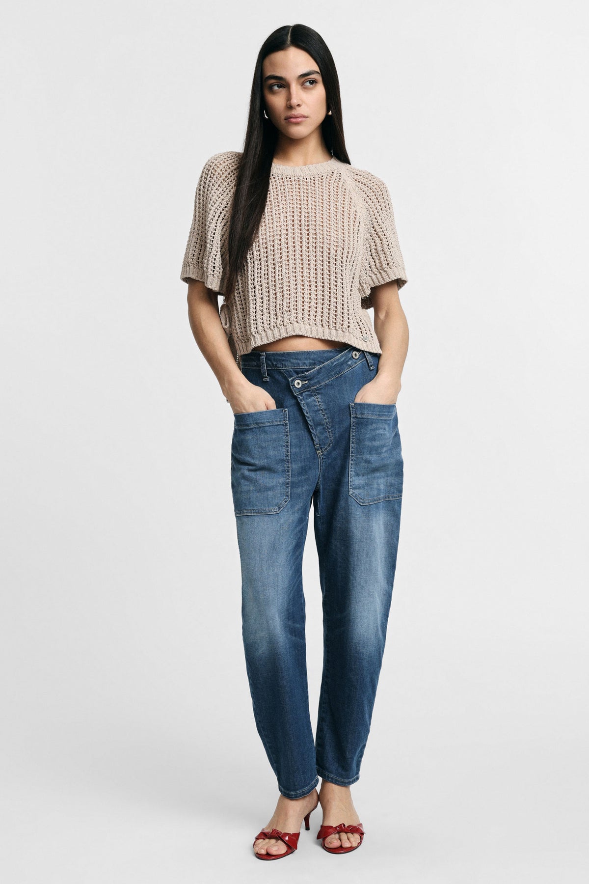 Jean baggy à boutonnage décalé bleu denim – Please