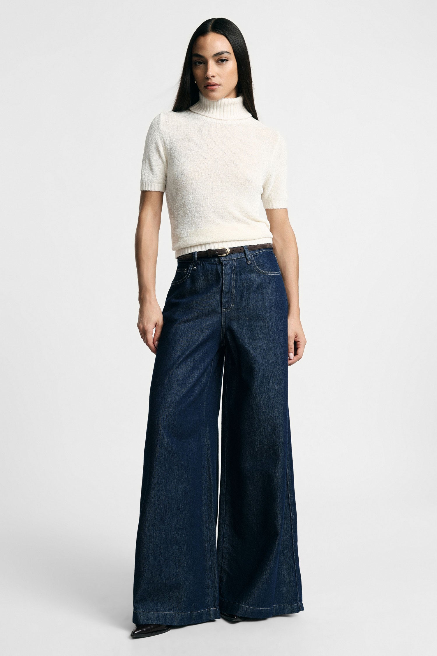 Jean jambe tres large taille haute bleu brut Please Femme vue portee