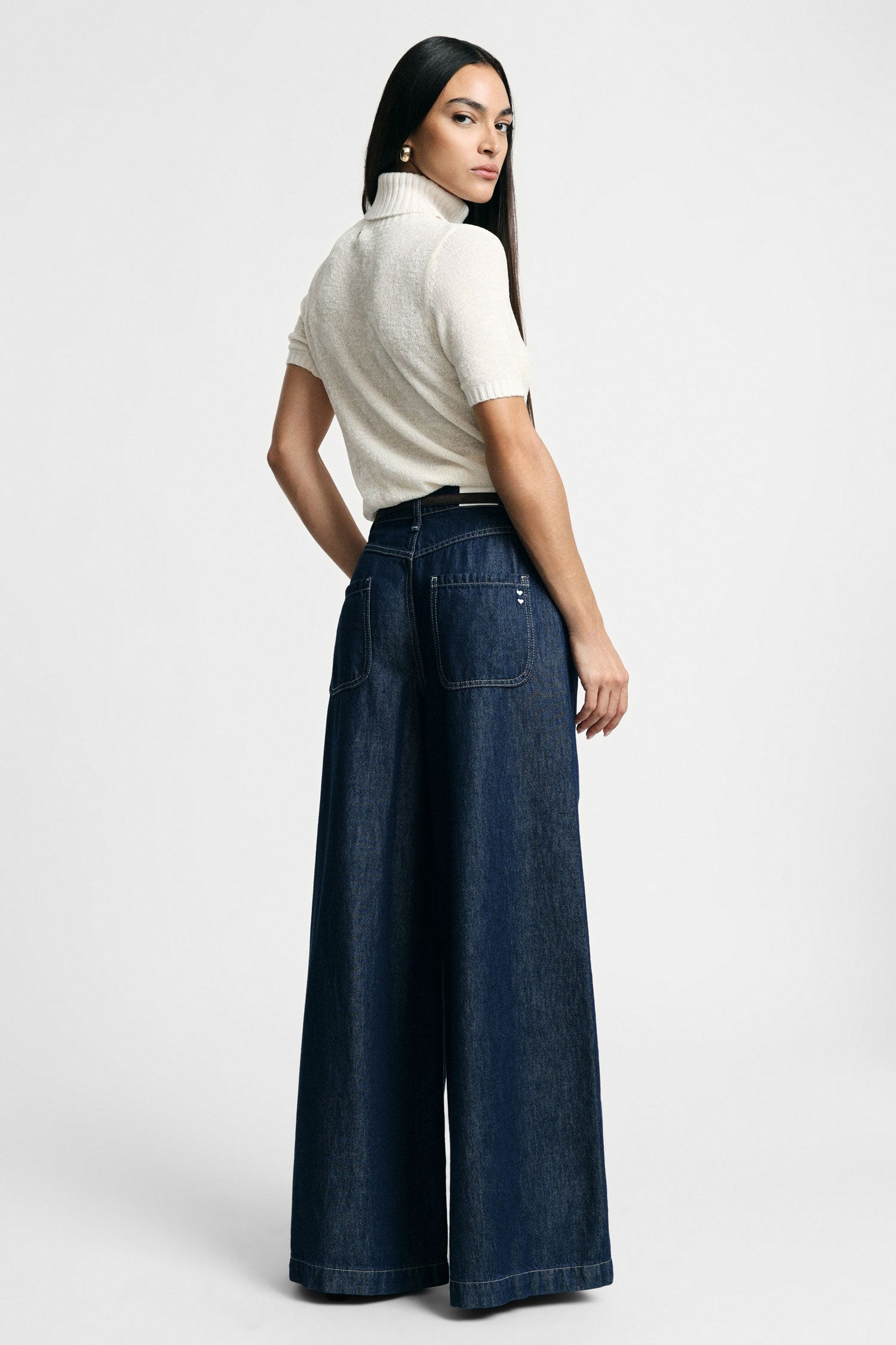 Jean jambe tres large taille haute bleu brut Please Femme vue de dos