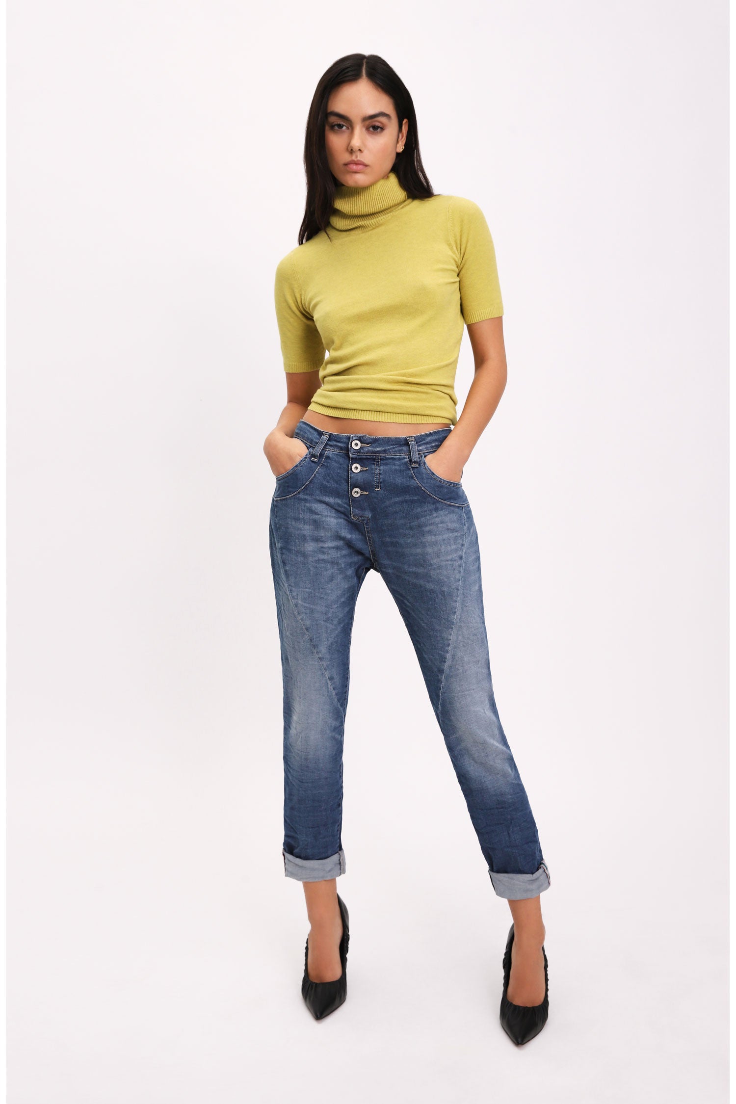Pantalon boyfriend en denim stretch bleu denim Please Femme vue portee