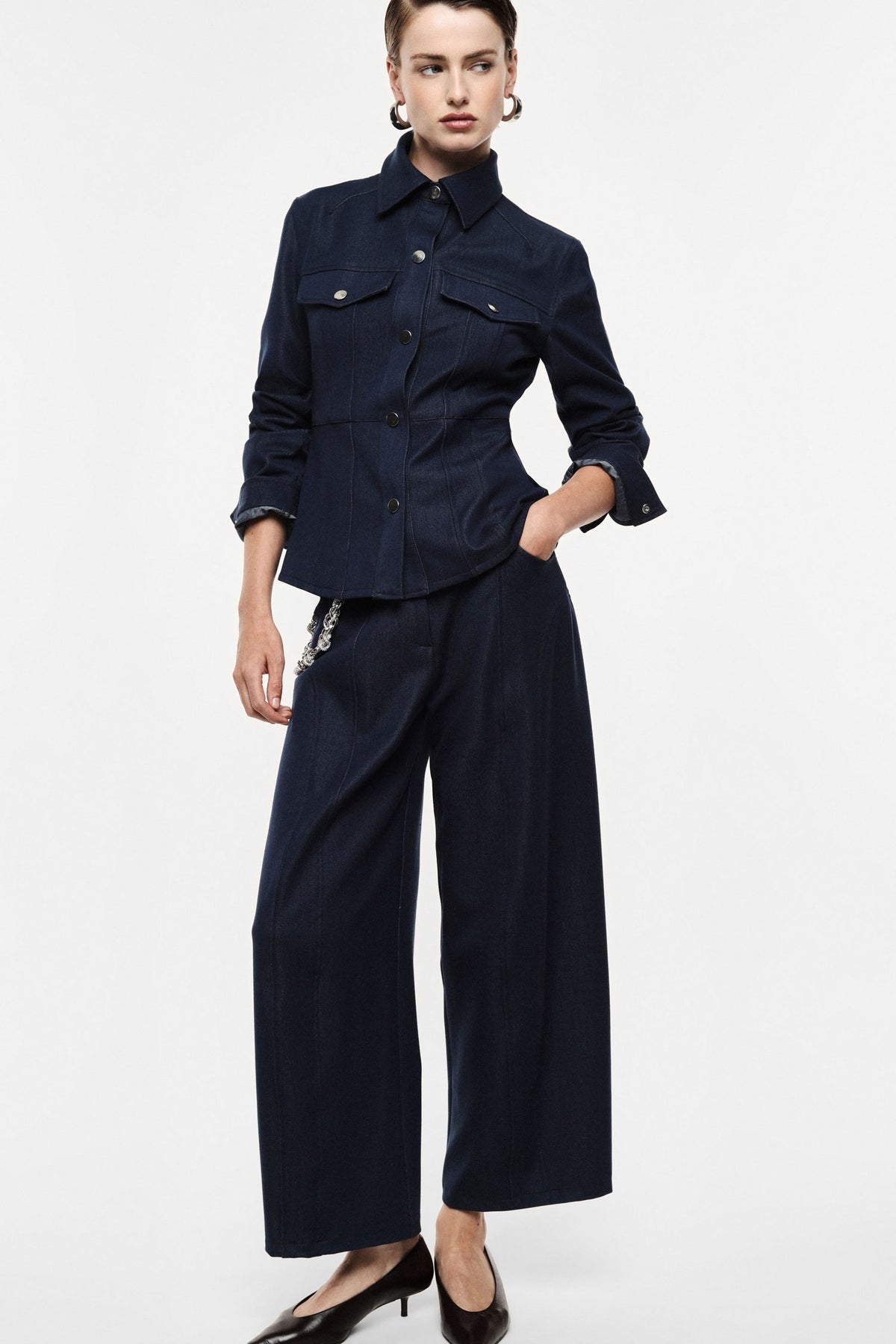 Pantalon palazzo en toile denim à chaîne bleu denim – Femme