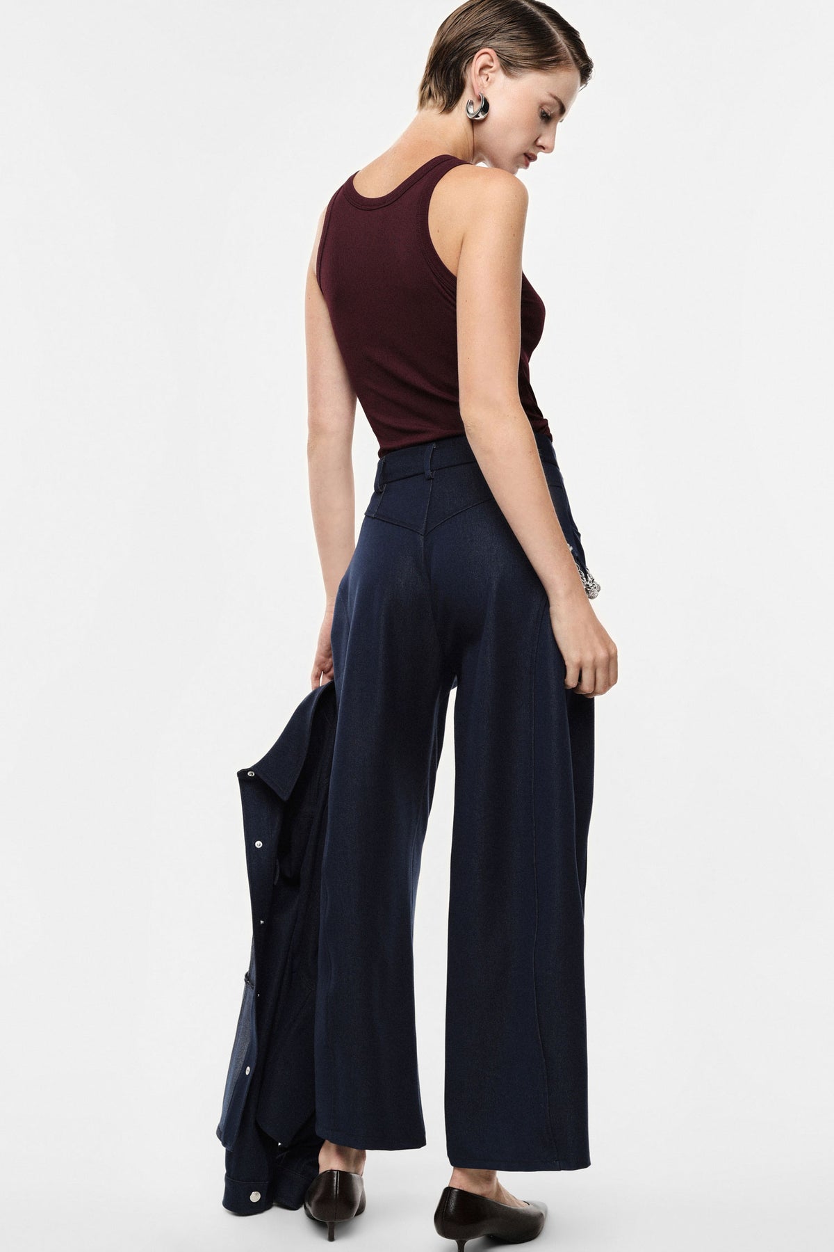 Pantalon palazzo en toile denim à chaîne bleu denim – Femme