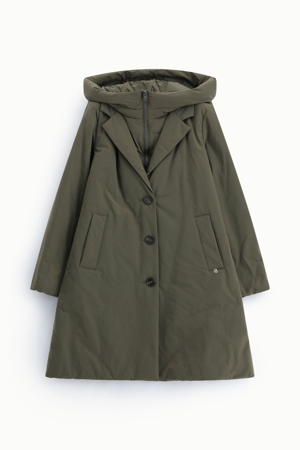 Manteau doudoune long à capuche vert militaire – Please