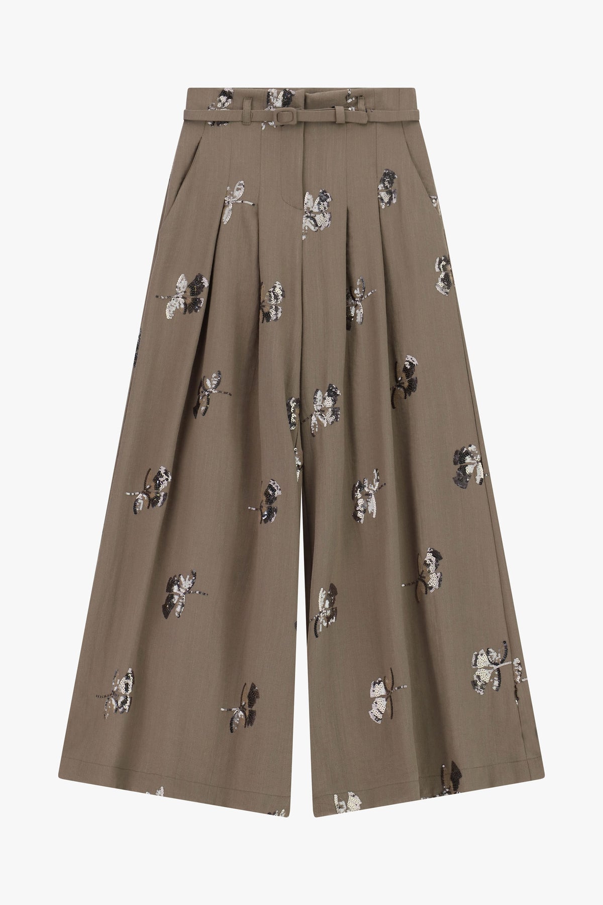 Pantalon palazzo taille haute en piqué brodé de sequins kaki – Femme