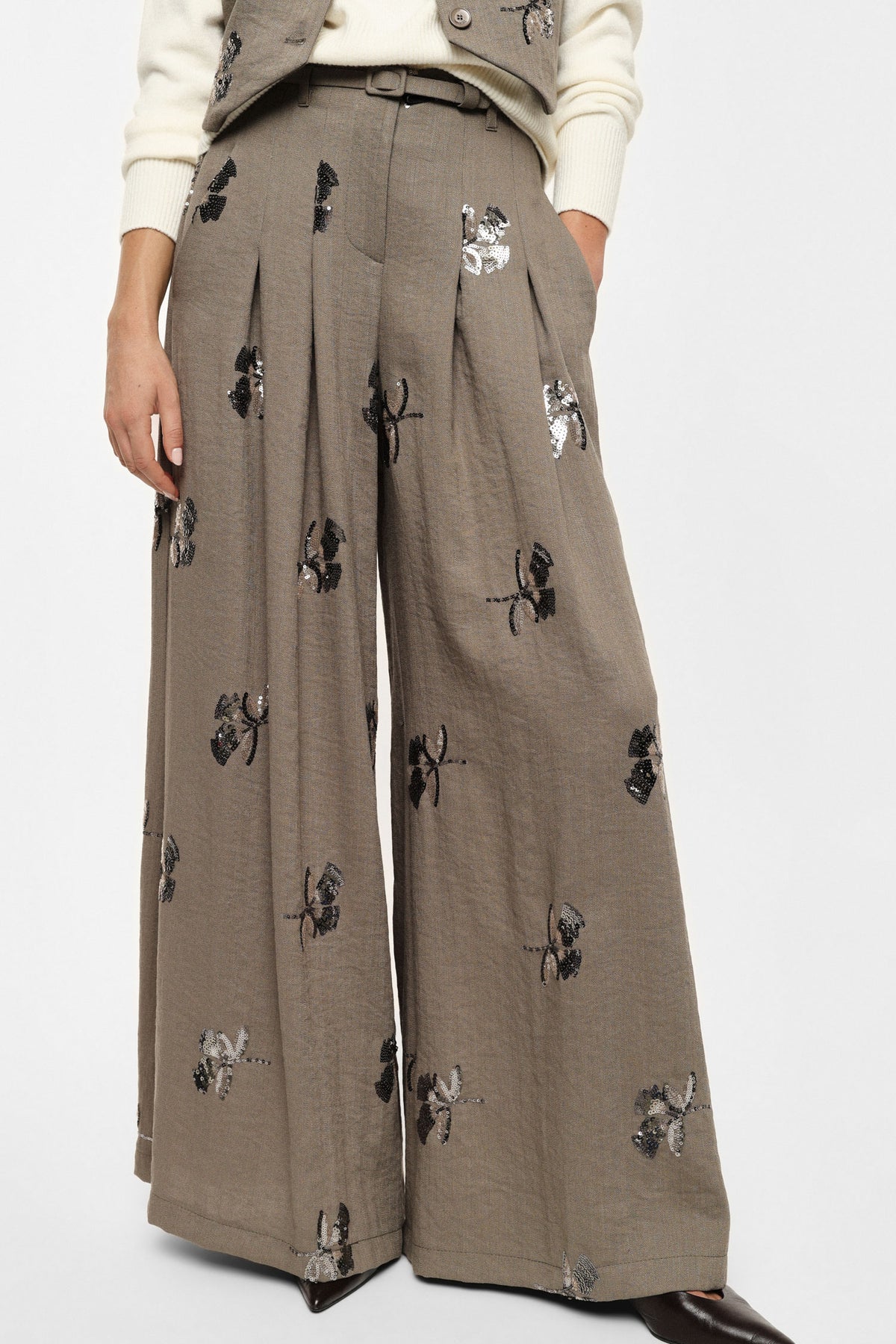 Pantalon palazzo taille haute en piqué brodé de sequins kaki – Femme
