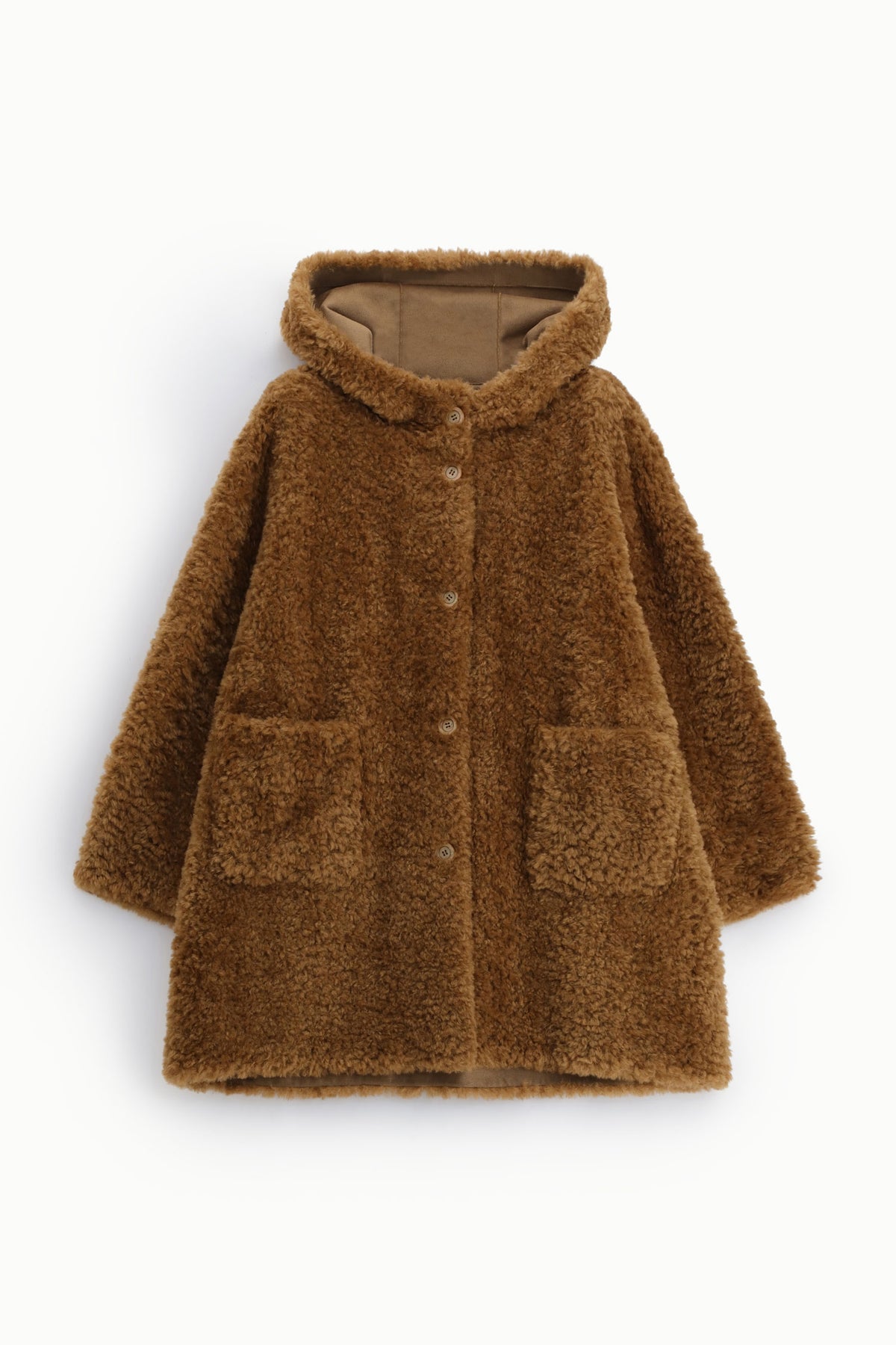 Manteau en fausse fourrure à capuche camel à plat – Please