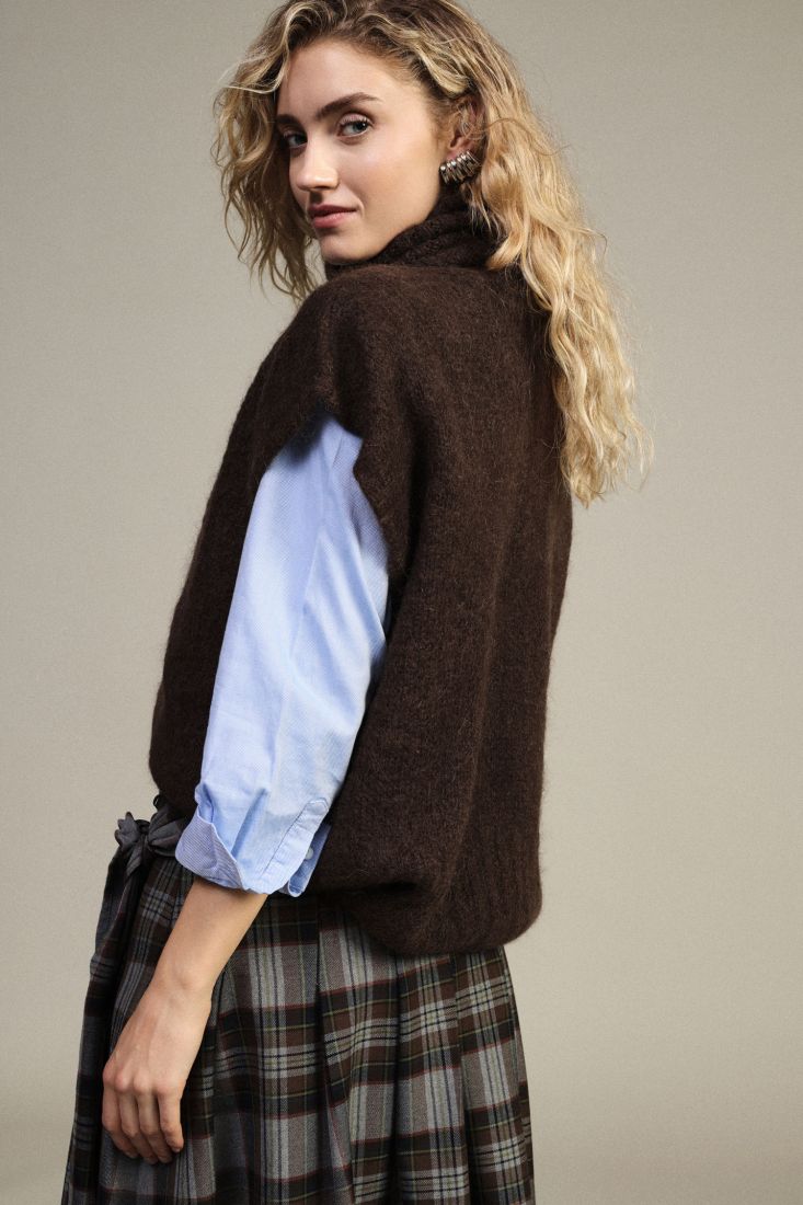 Pull sans manches col roule ample chocolat Dixie Femme vue de dos