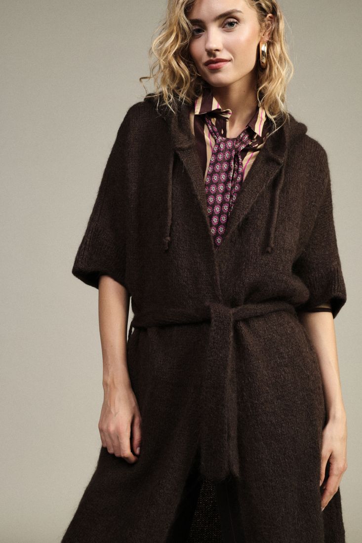 Cardigan long a capuche et ceinture chocolat Dixie Femme vue de profil