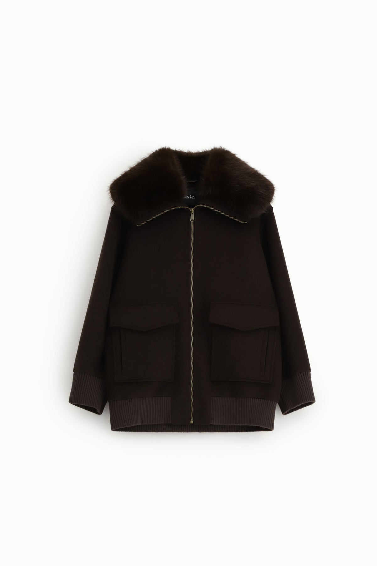 Blouson en lainage à col fausse fourrure chocolat Dixie