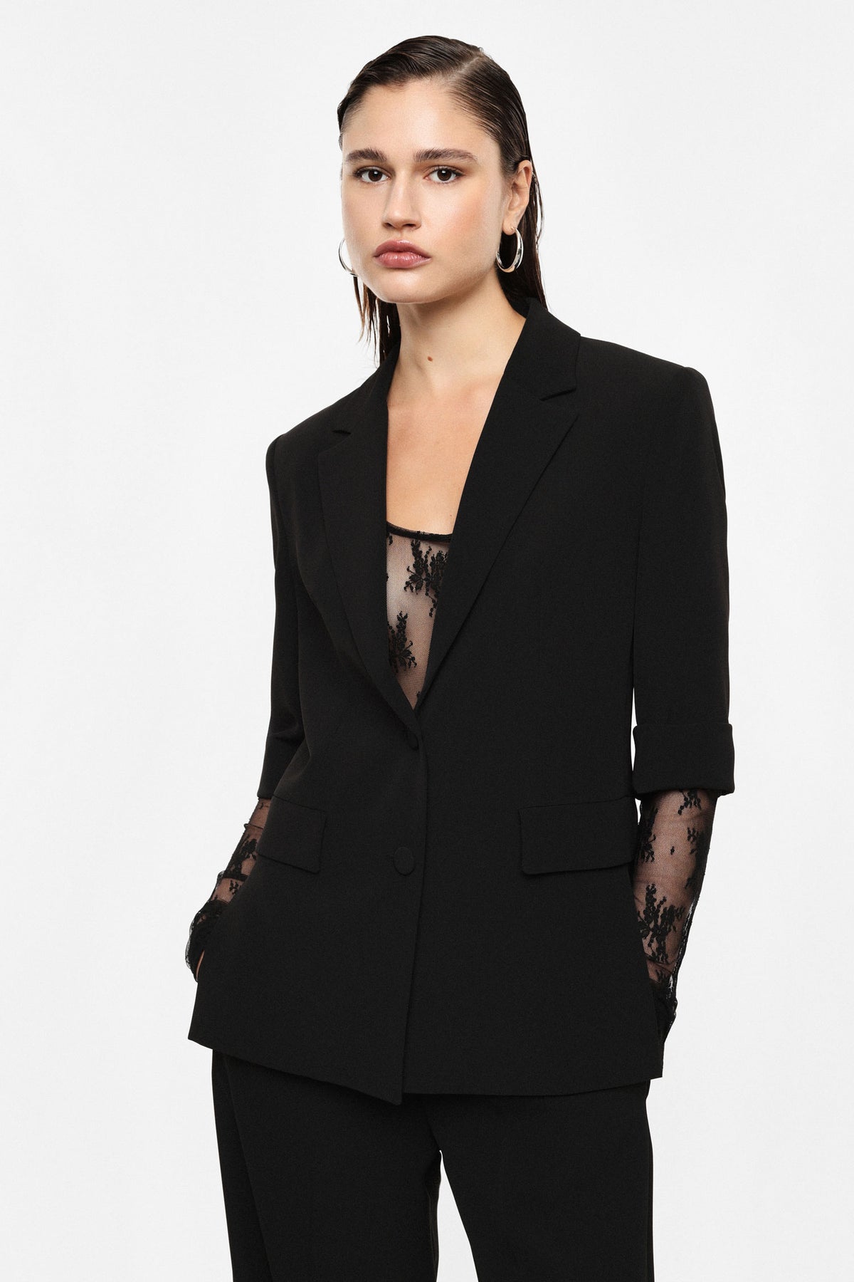 Blazer droit manches courtes col revers crantés noir – Femme