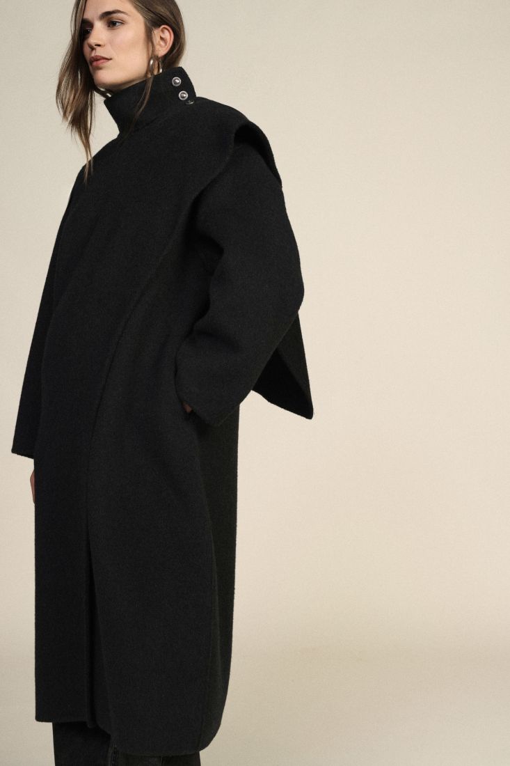 Manteau long en drap de laine noir Dixie Femme vue portee de face