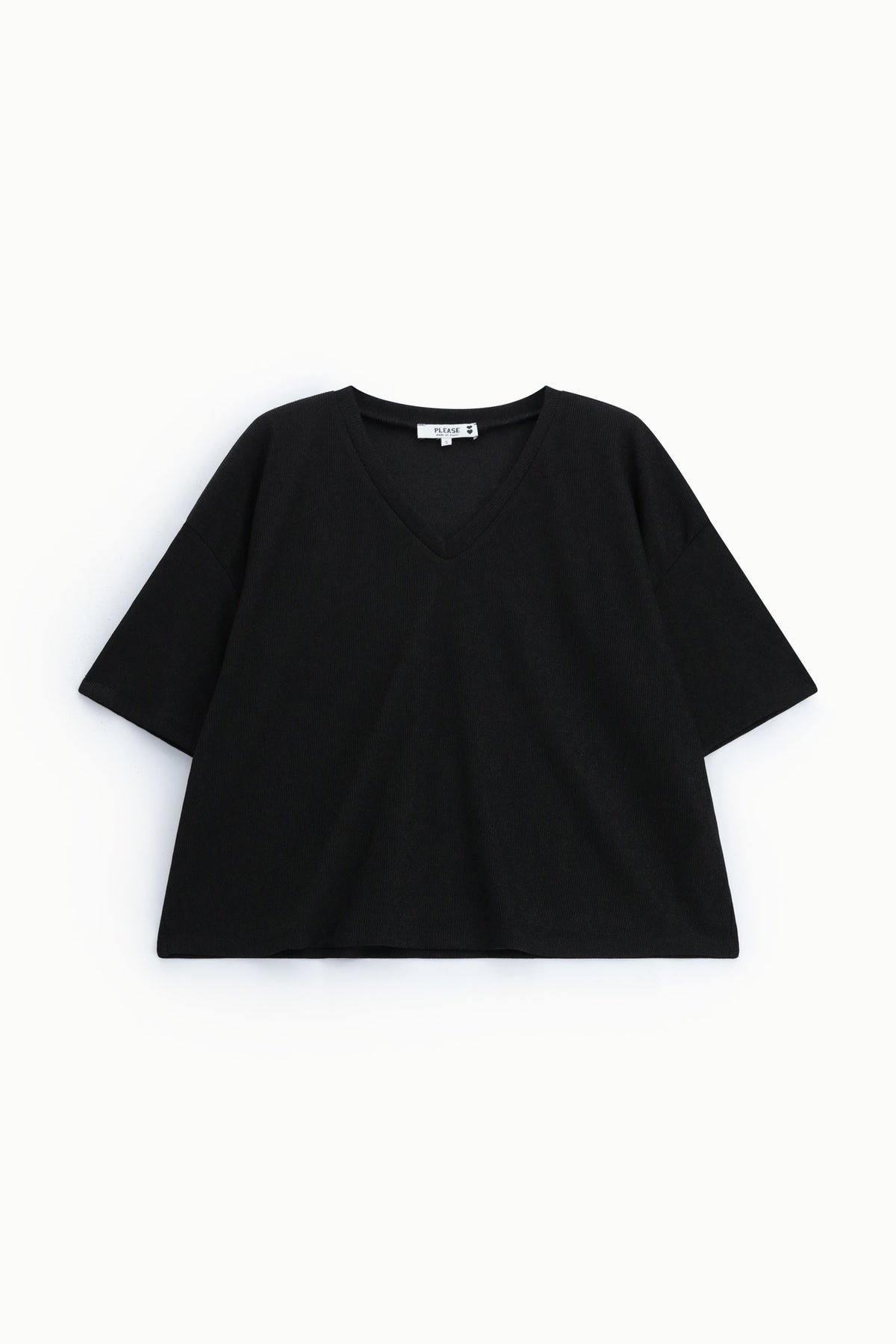 T-shirt ample col V maille brillante noir – Please