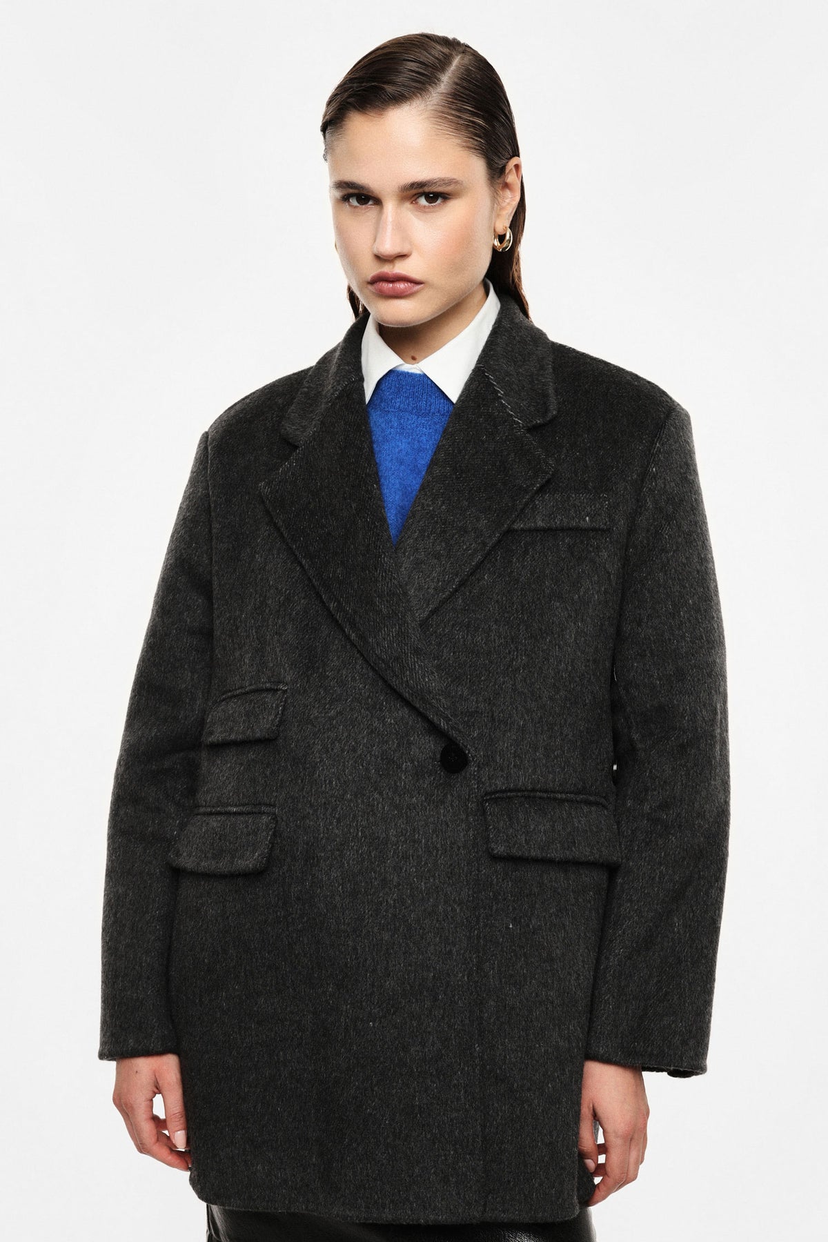 Manteau court croisé en drap façon poil de chameau anthracite – Imperial