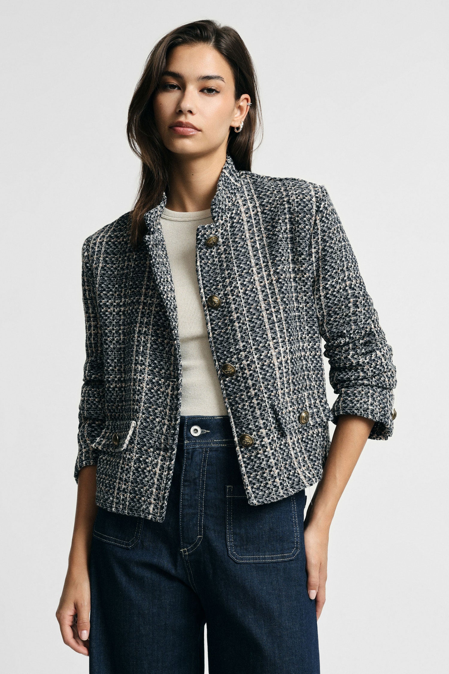 Veste chemise courte gris chine Please Femme vue portee face