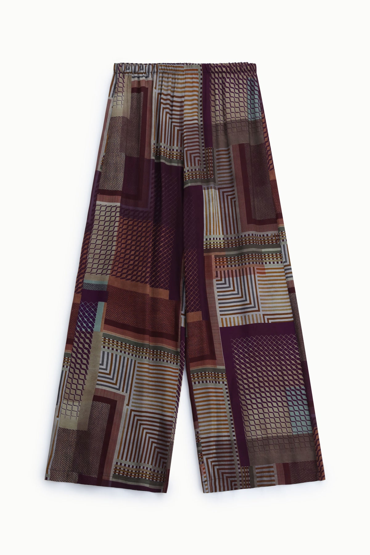 Pantalon palazzo à motif géométrique prune et écru – Femme