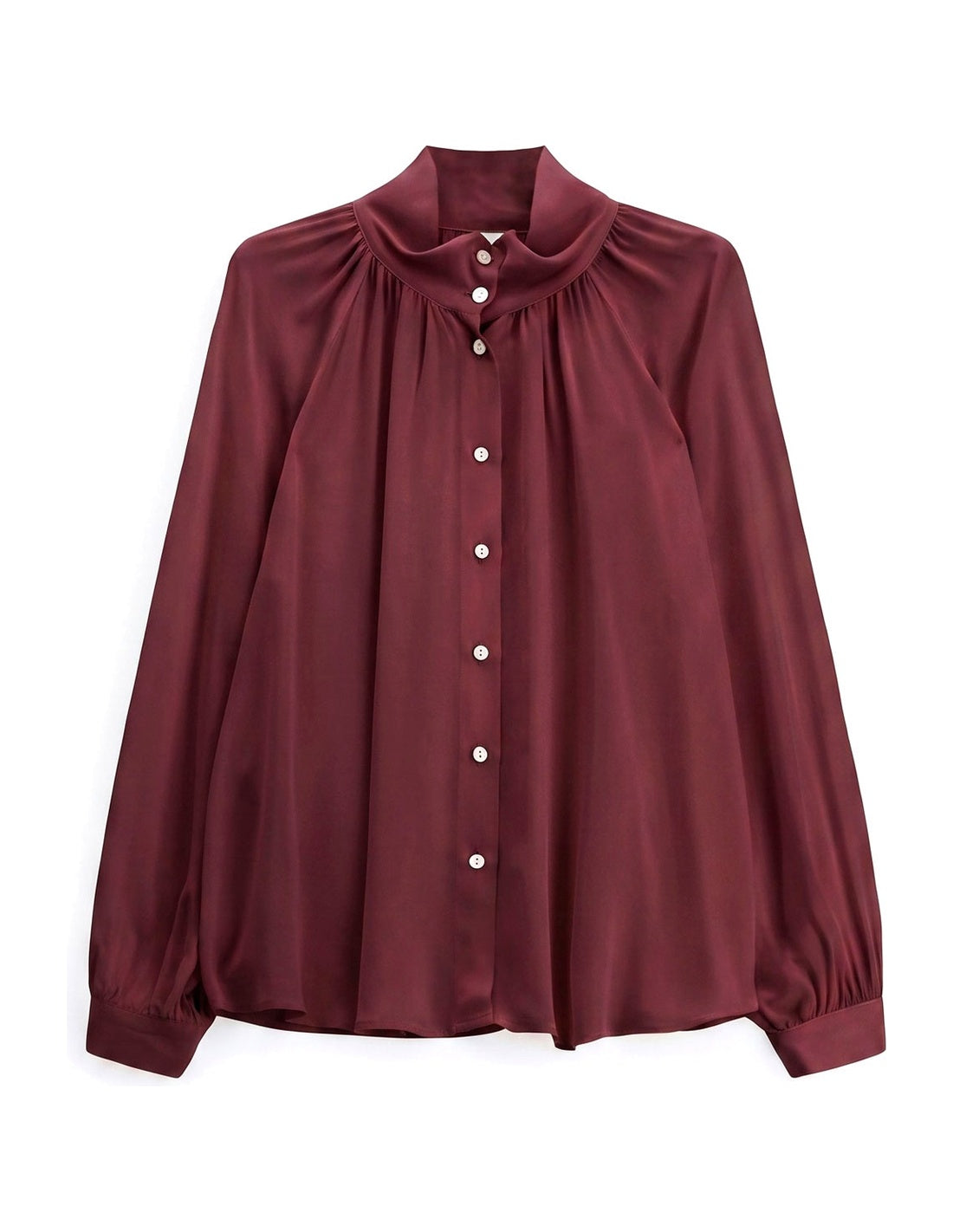 Chemise satinée col montant froncé bordeaux à plat – Imperial