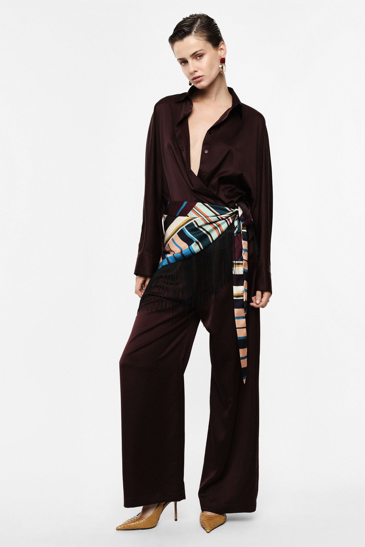 Pantalon palazzo taille haute en crêpe satin prune – Femme