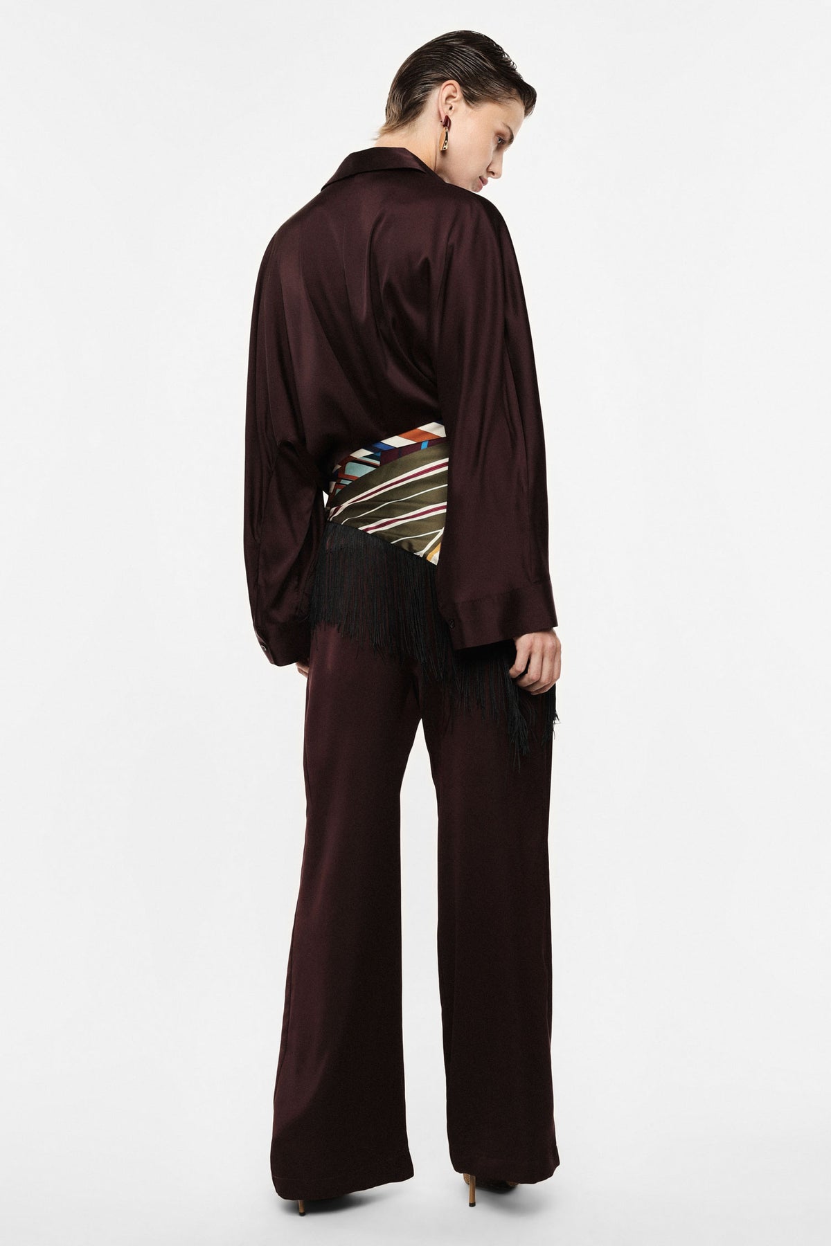 Pantalon palazzo taille haute en crêpe satin prune – Femme