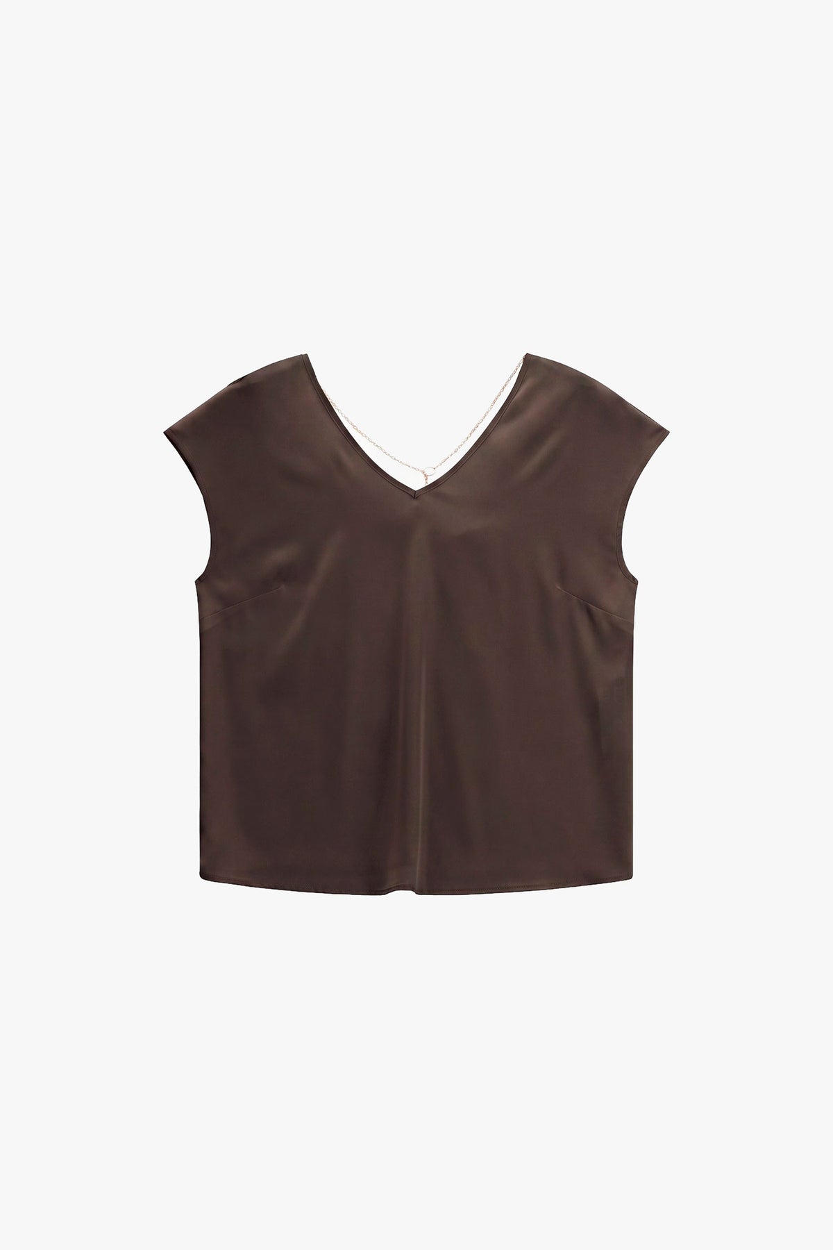 Top manches courtes col V en crêpe satin café – Femme