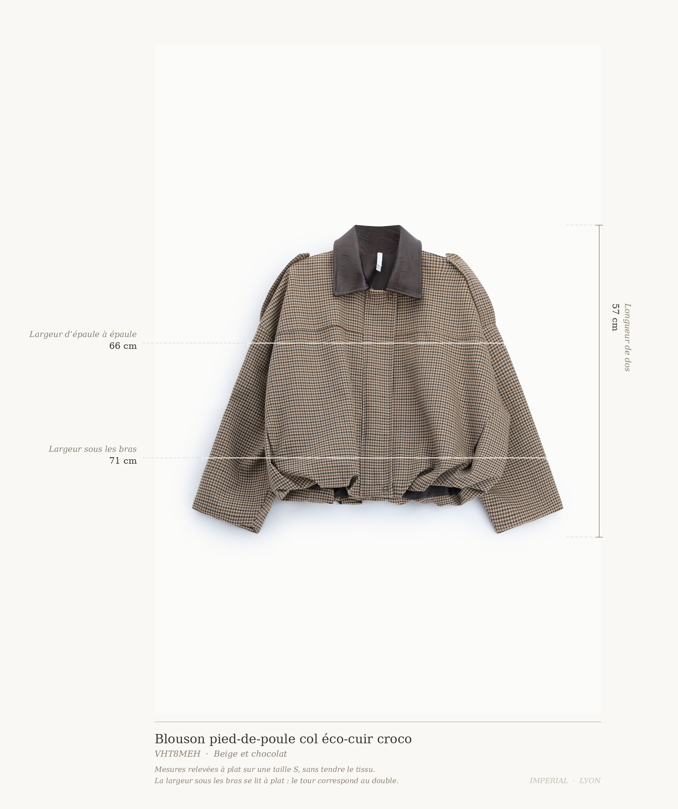 Blouson pied-de-poule col éco-cuir croco – mesures relevées à plat sur une taille S