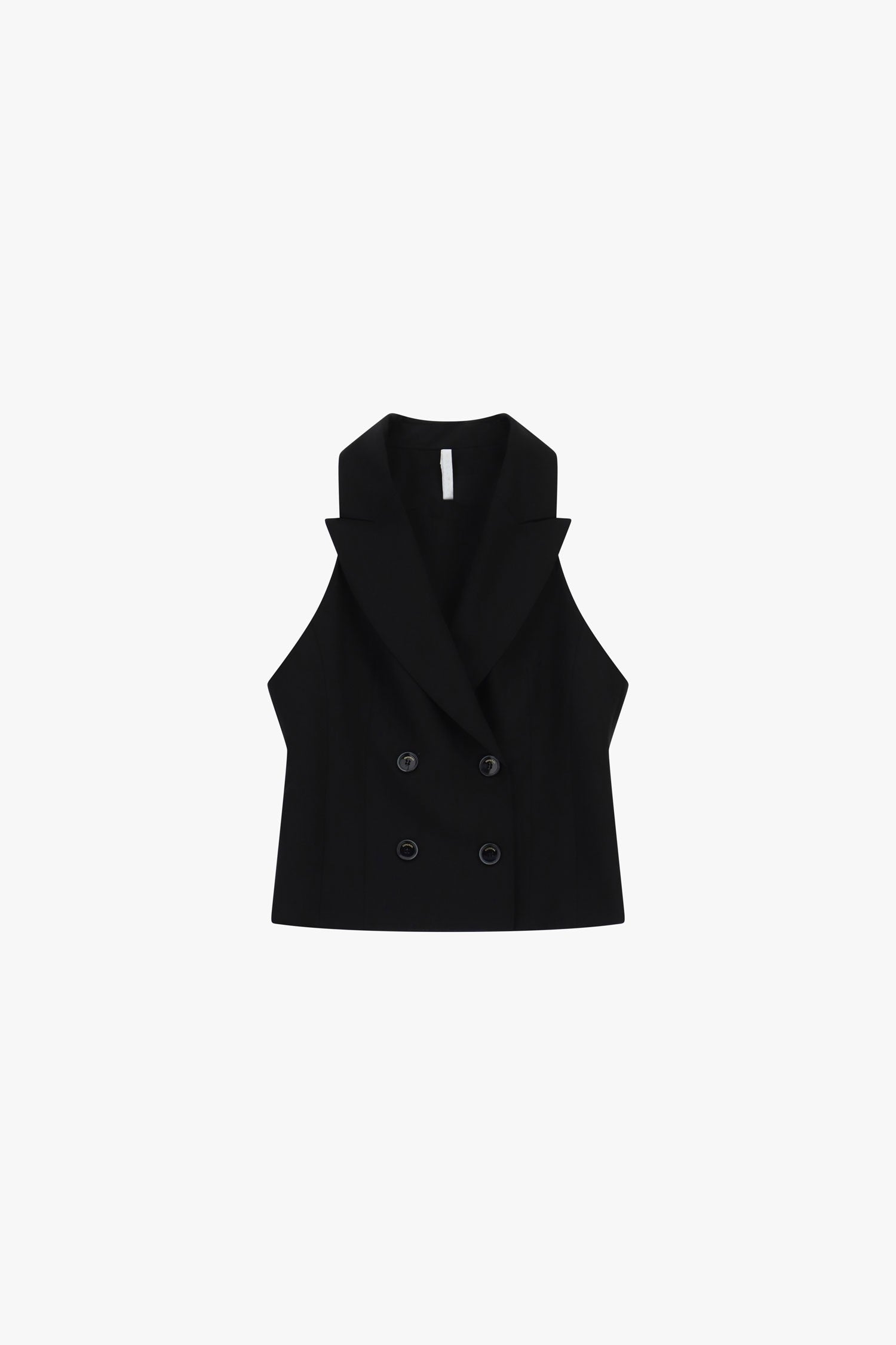 Gilet court croisé sans manches en draperie noire Imperial, vue de face à plat