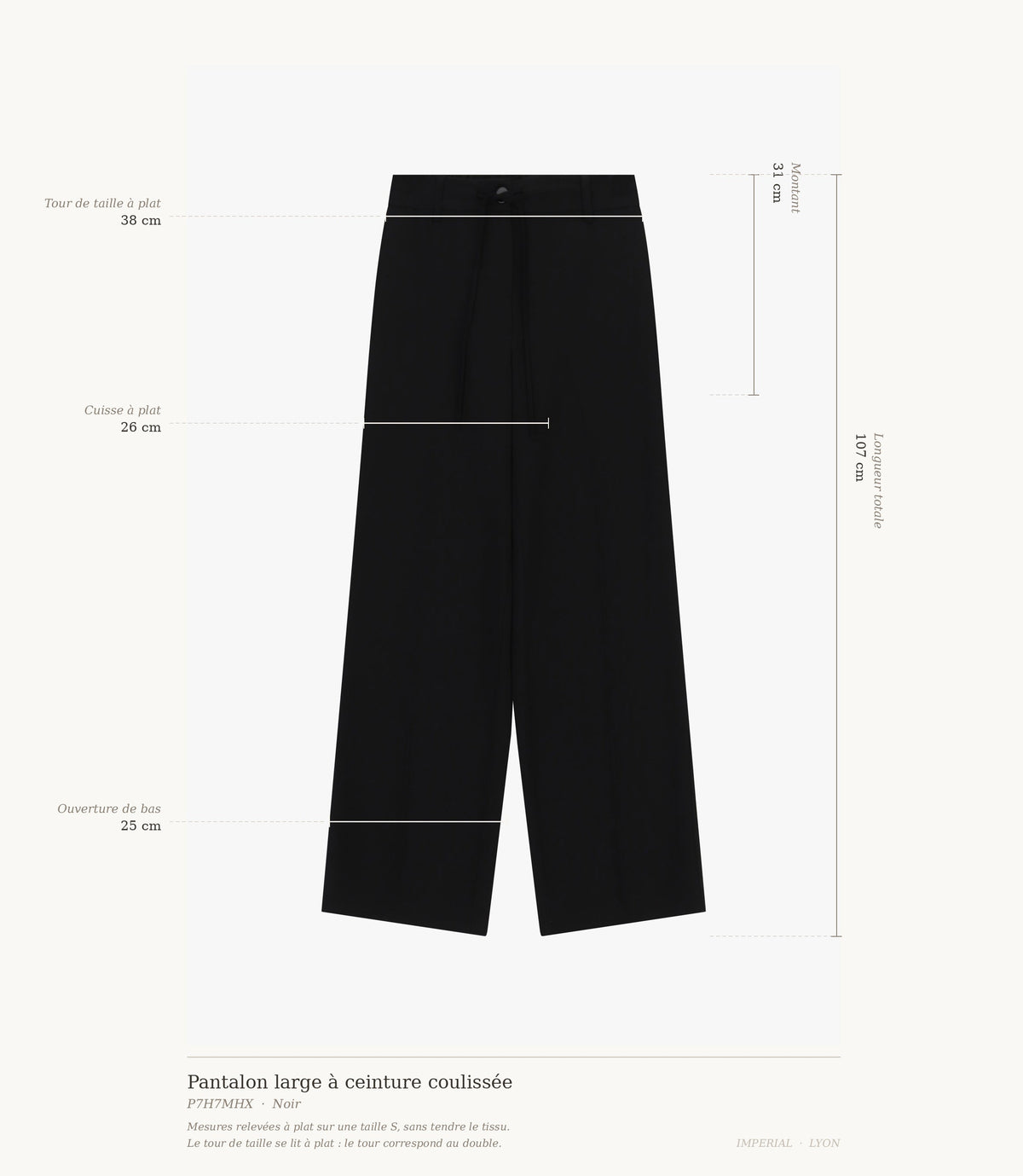 Cartographie des mesures du pantalon Imperial : taille 38 cm, montant 31 cm, cuisse 26 cm, ouverture 25 cm, longueur 107 cm