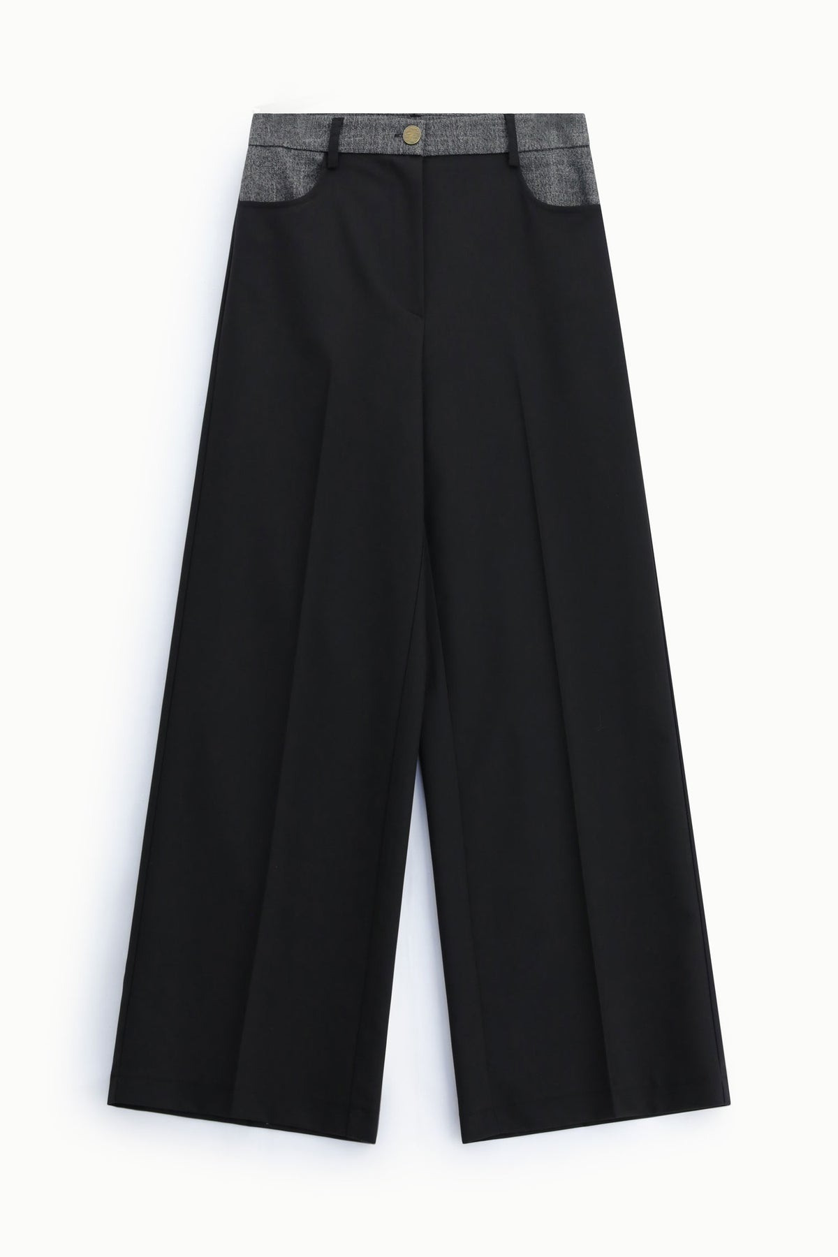 Pantalon palazzo noir à ceinture et poches en piqué gris Imperial, vue de face à plat