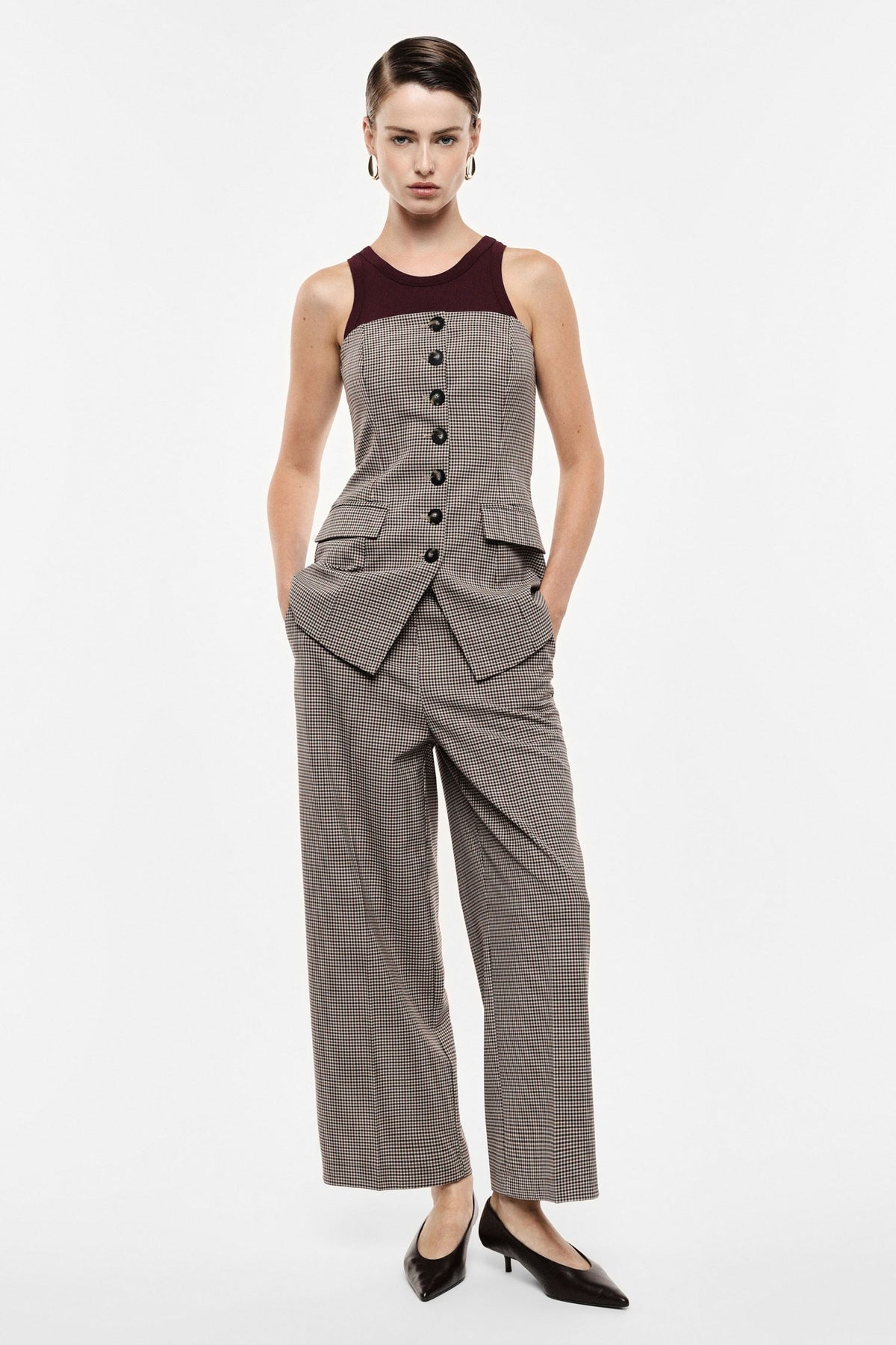 Pantalon large taille haute micro pied-de-poule Imperial, porté de face