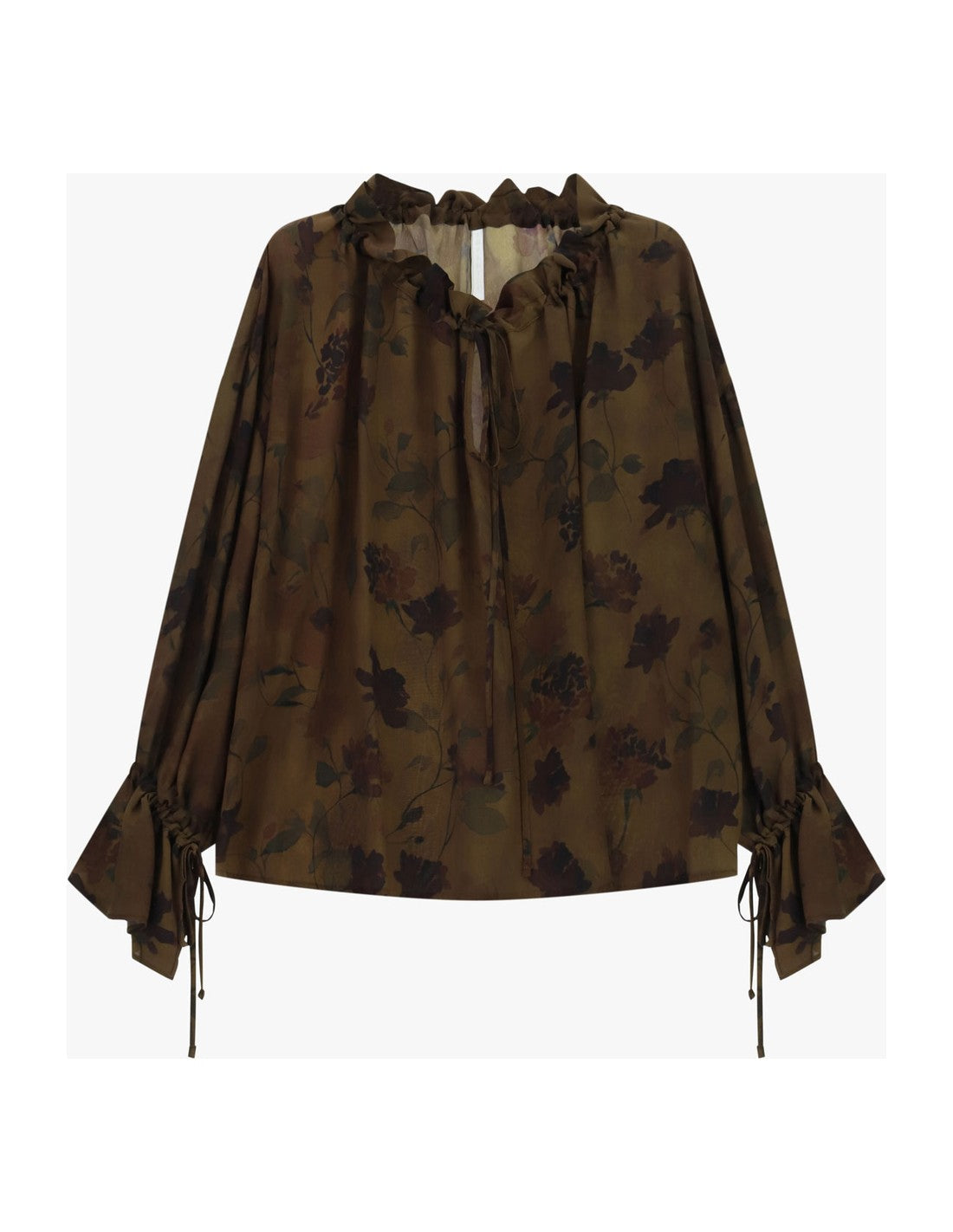 Blouse fleurie à col volanté vert olive à plat – Imperial