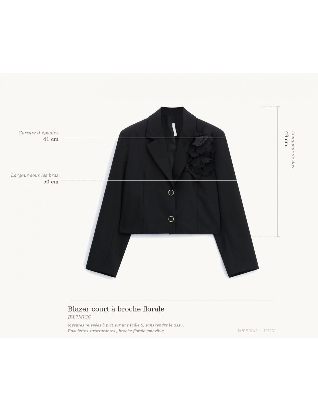 Blazer court à broche florale, schéma des mesures à plat sur taille S