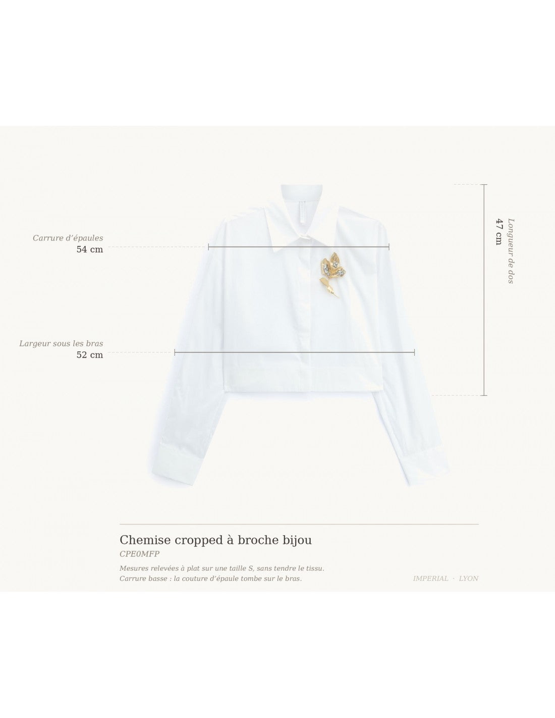 Chemise cropped, schéma des mesures à plat sur taille S