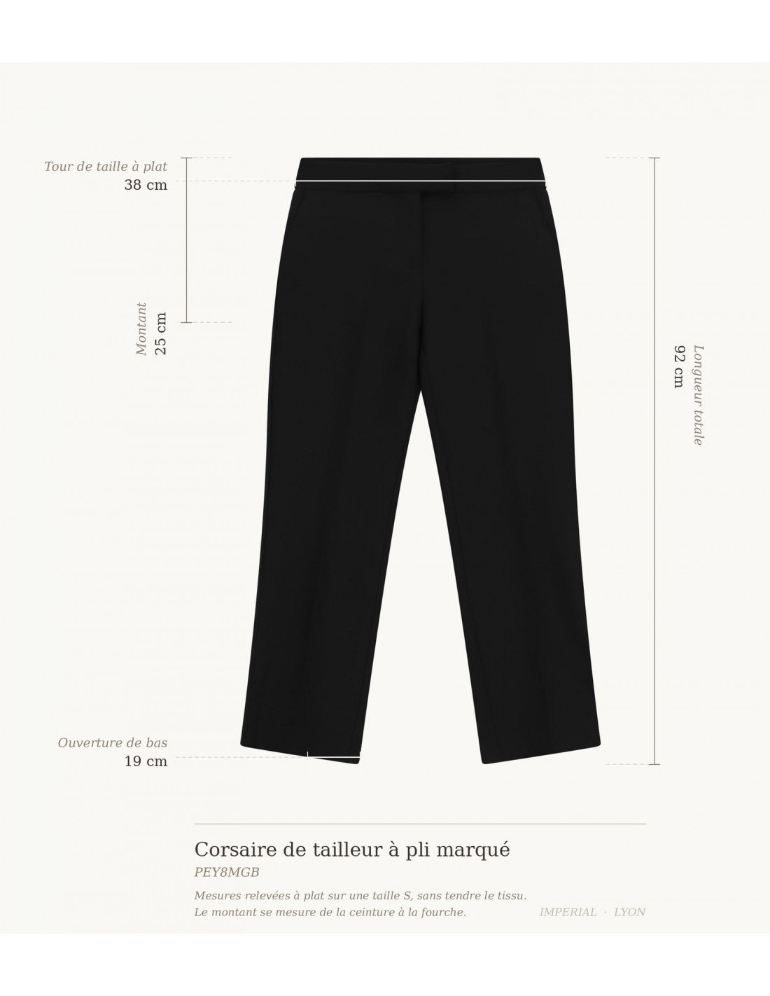 Corsaire de tailleur, schéma des mesures à plat sur taille S