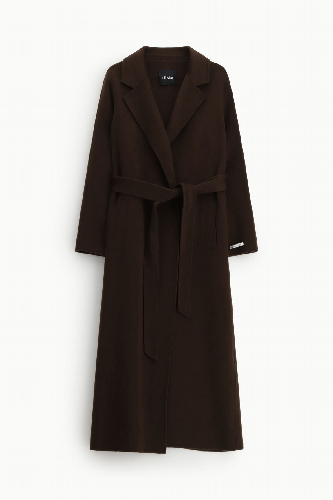 Manteau long ceinture en drap de laine chocolat Dixie Femme vue de profil