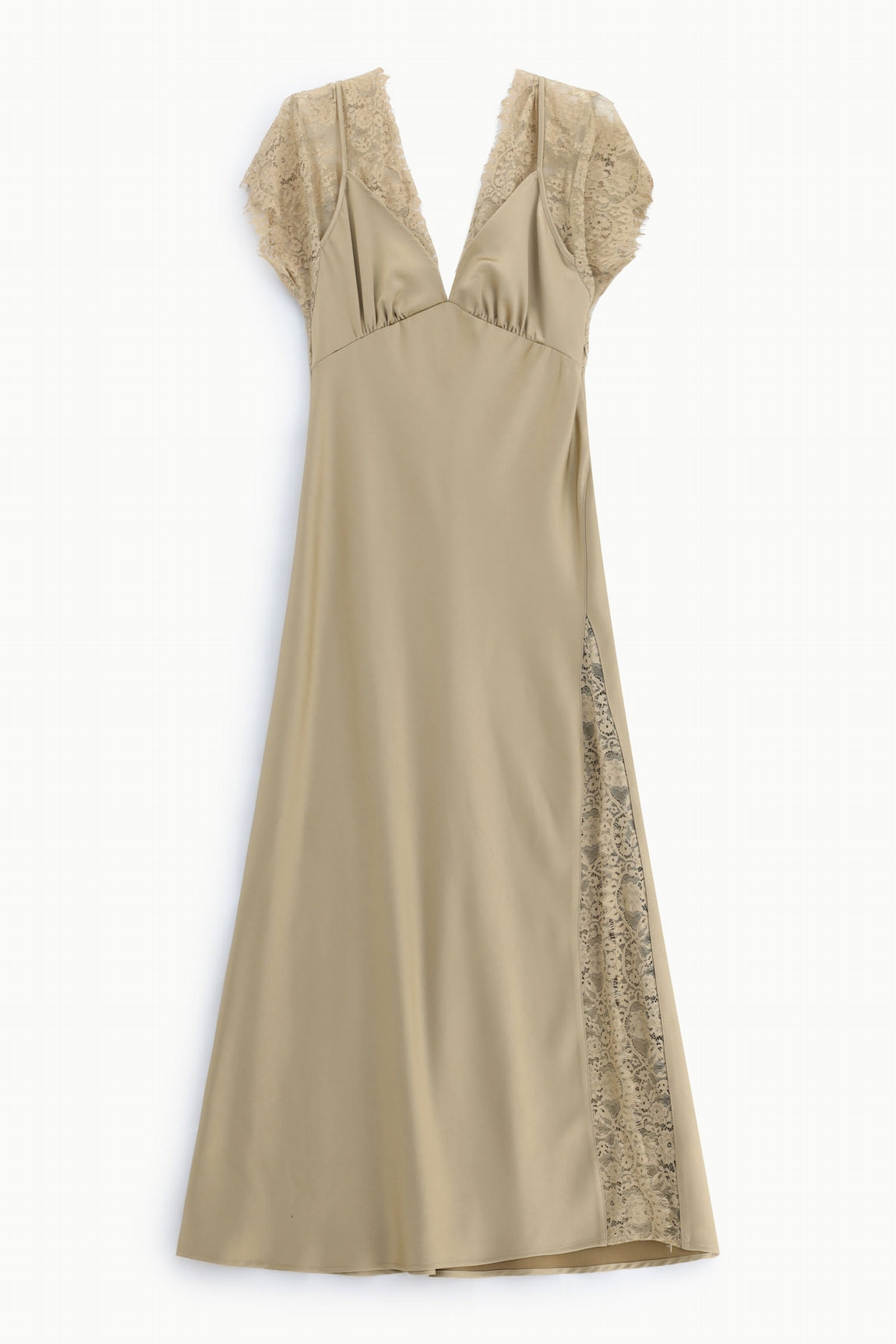 Robe longue en satin et dentelle beige – Imperial Femme