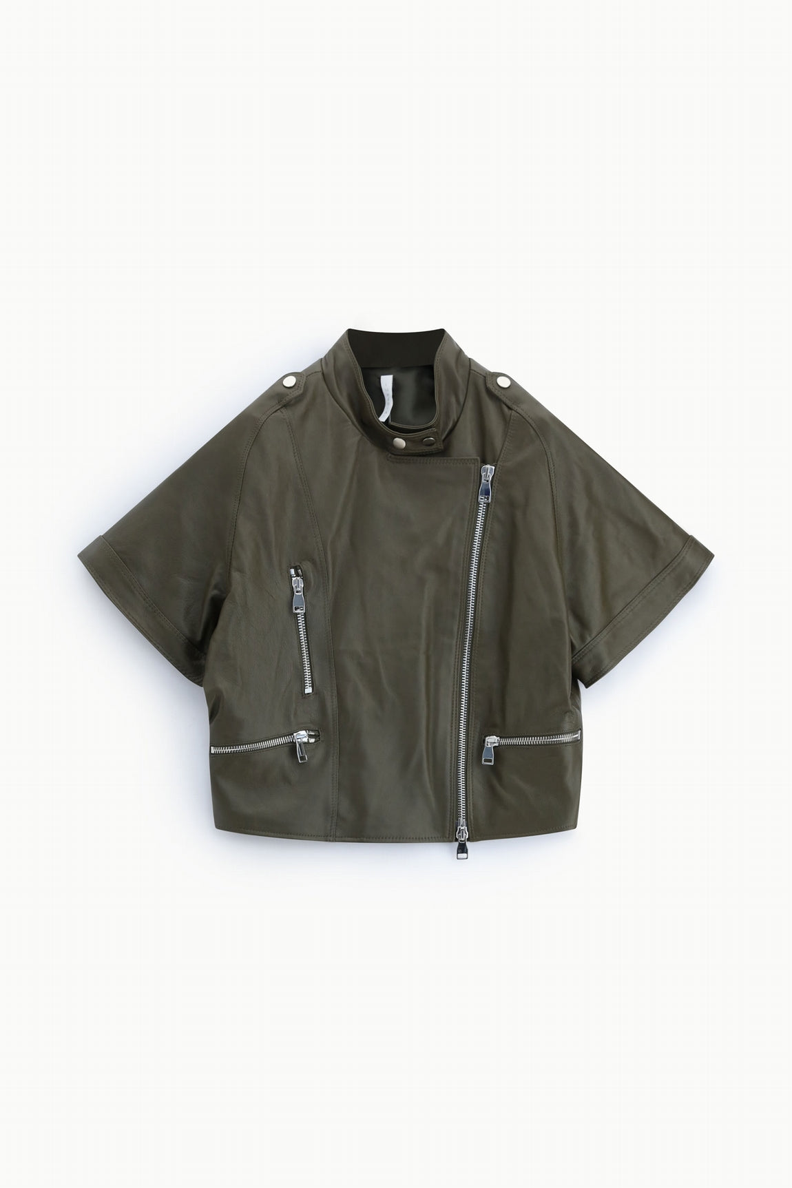 Blouson en cuir oversize col officier kaki – Imperial Femme