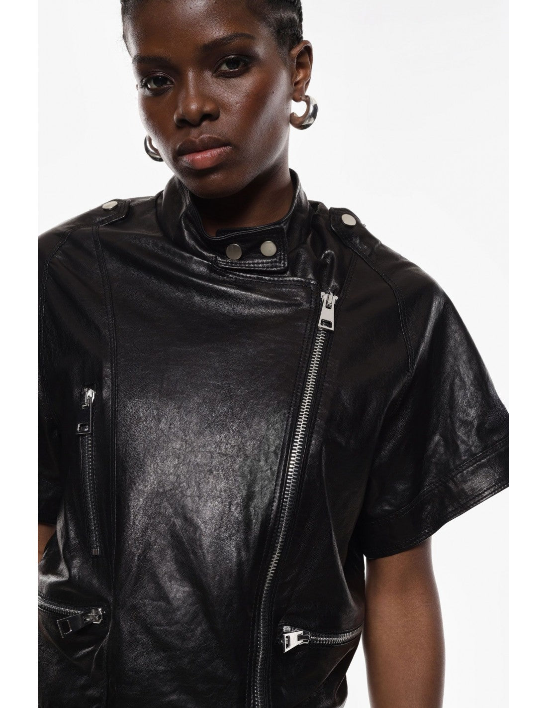 Blouson en cuir oversize col officier noir – Imperial Femme, vue 2
