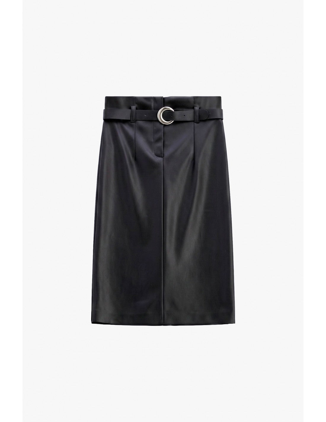 Jupe mi-longue en éco-cuir noir ceinturée boucle ronde, vue de face