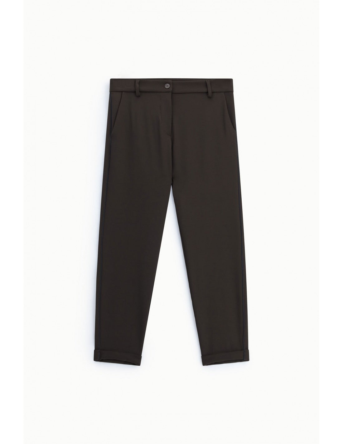 Pantalon de tailleur carotte à passepoil satin marron, vue de face