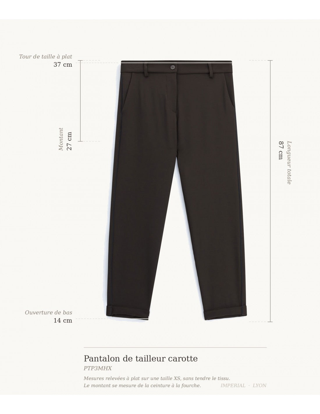 Pantalon de tailleur carotte, schéma des mesures à plat sur taille XS