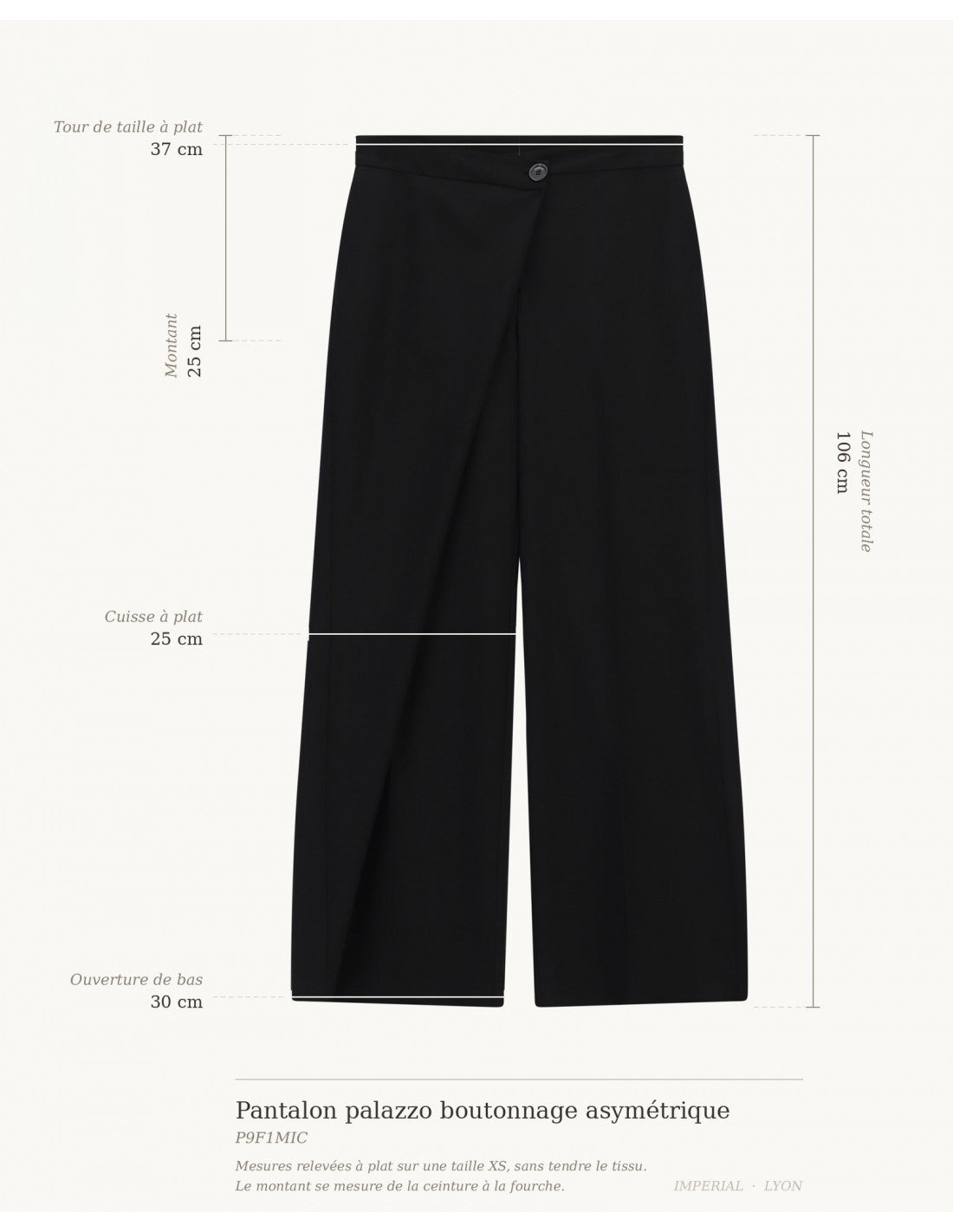 Pantalon palazzo boutonnage asymétrique, schéma des mesures à plat sur taille XS
