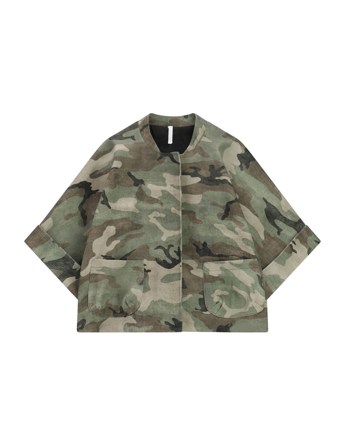 Veste courte boxy en sergé camouflage kaki et beige à plat – Imperial