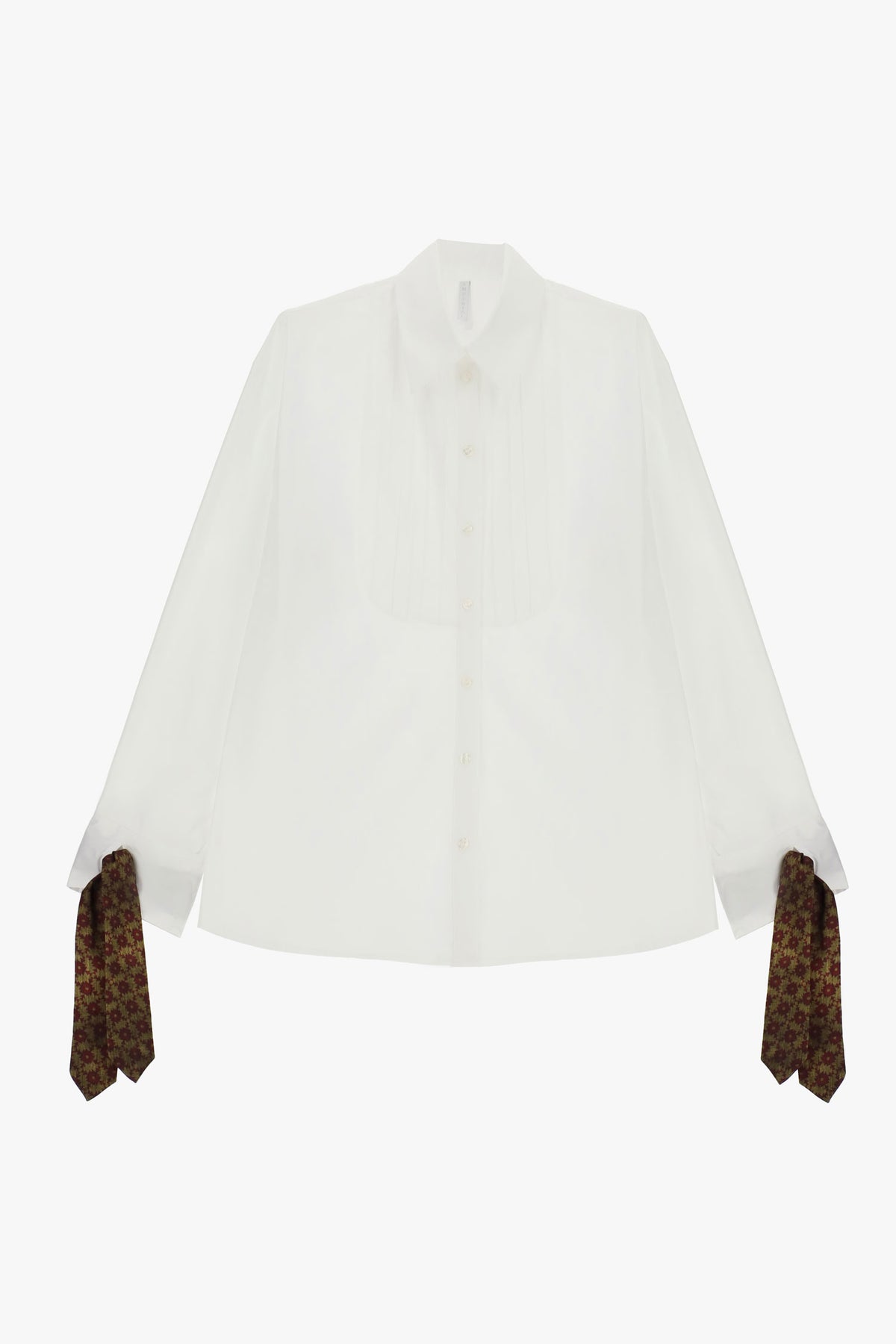 Chemise longue à plastron plissé et liens aux poignets blanche – Femme