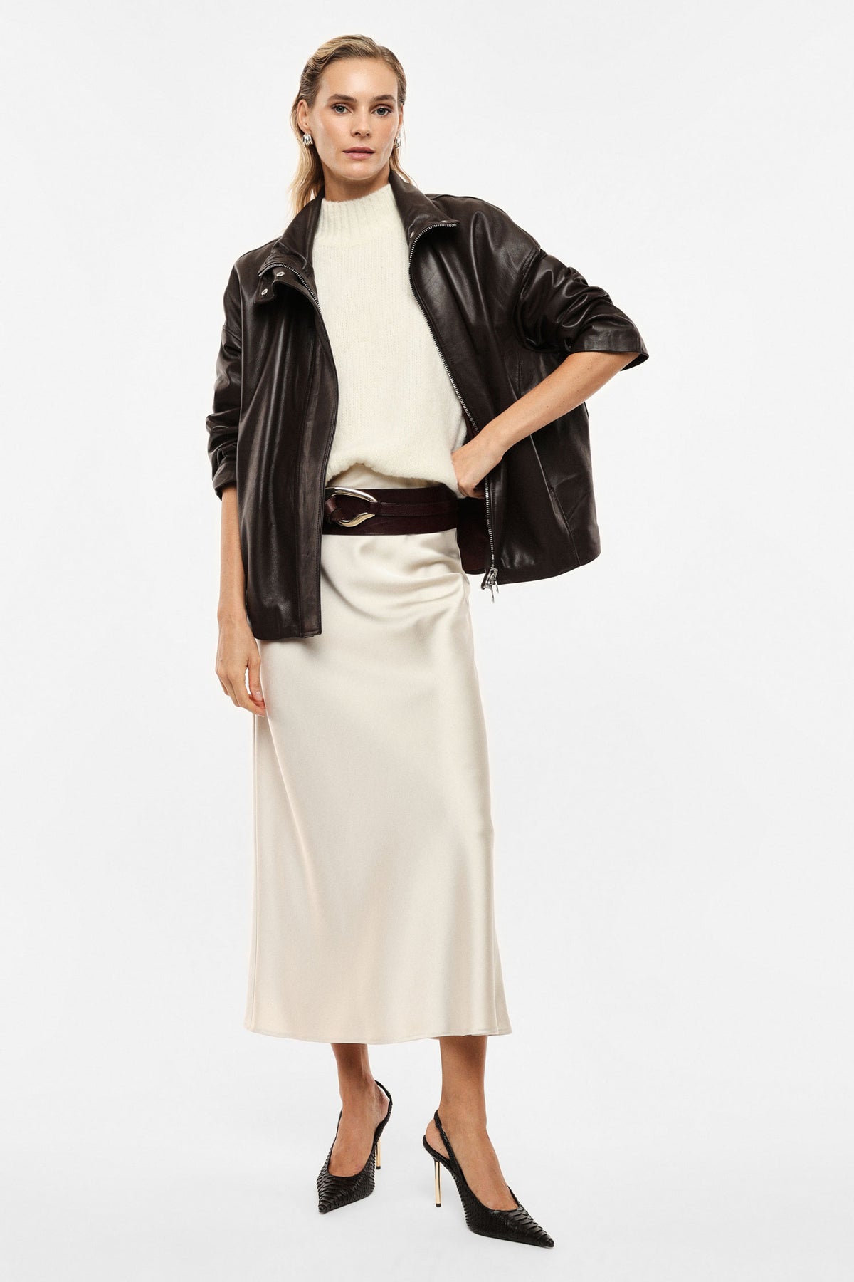 Jupe midi sirène en crêpe satin écru – Imperial