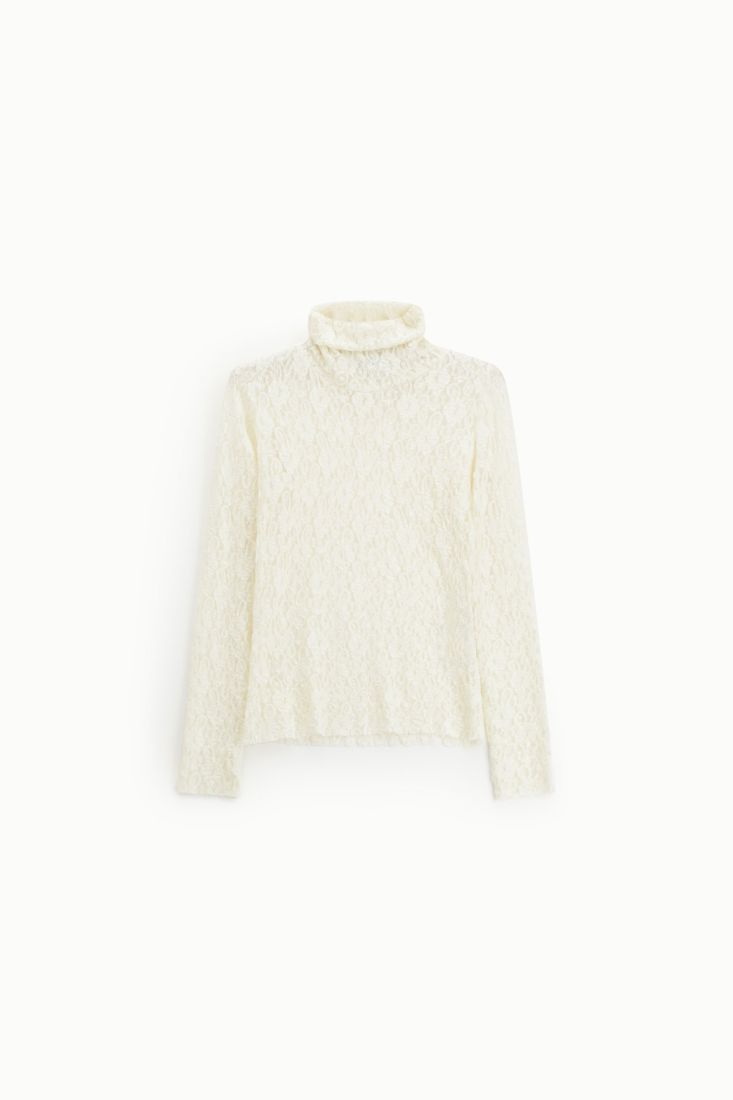 Top en dentelle manches longues col roule ecru Dixie Femme vue de face