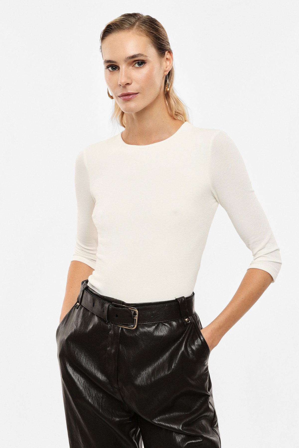 Top dos ouvert drapé manches trois-quarts écru – Femme